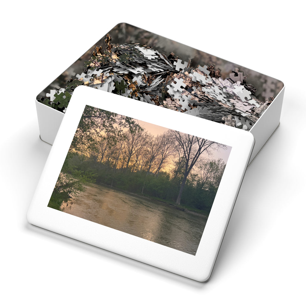 Sunset River Landscape Jigsaw Puzzle with Tin