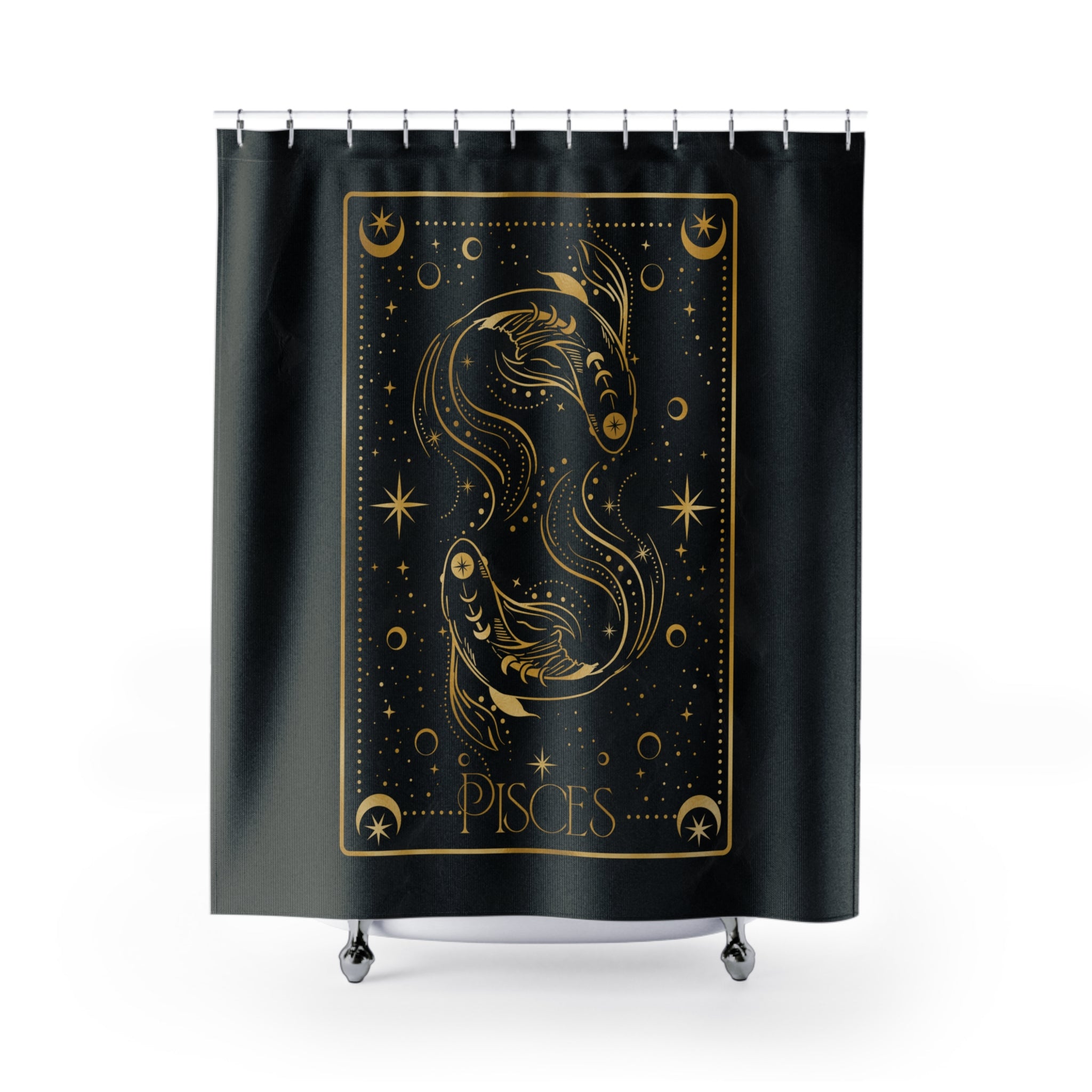 Pisces Zodiac Shower Curtain — Gold Celestial Fish Astrological Bathroom Decor