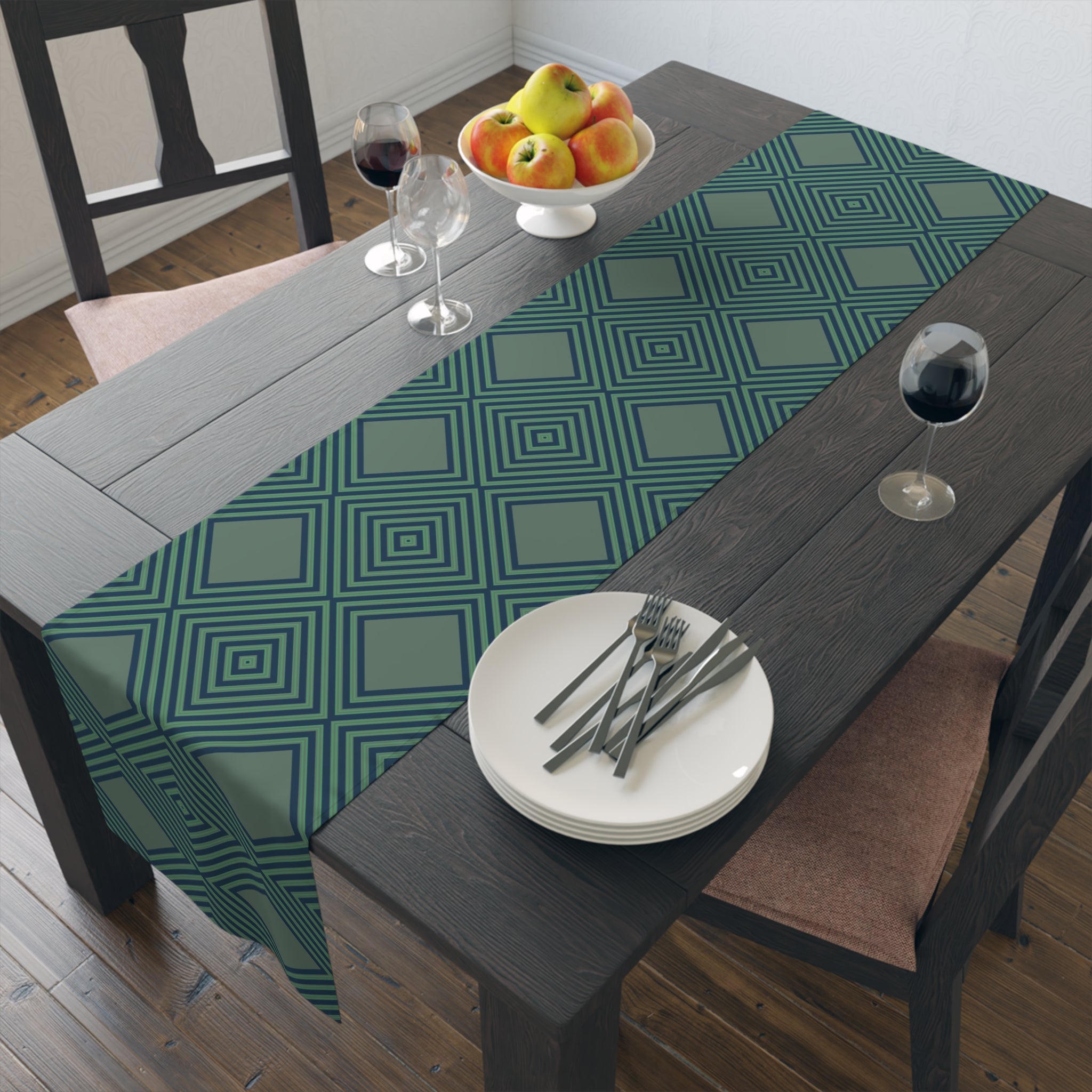 Geometric Diamond Table Runner — Modern Teal Cotton-Poly Accent