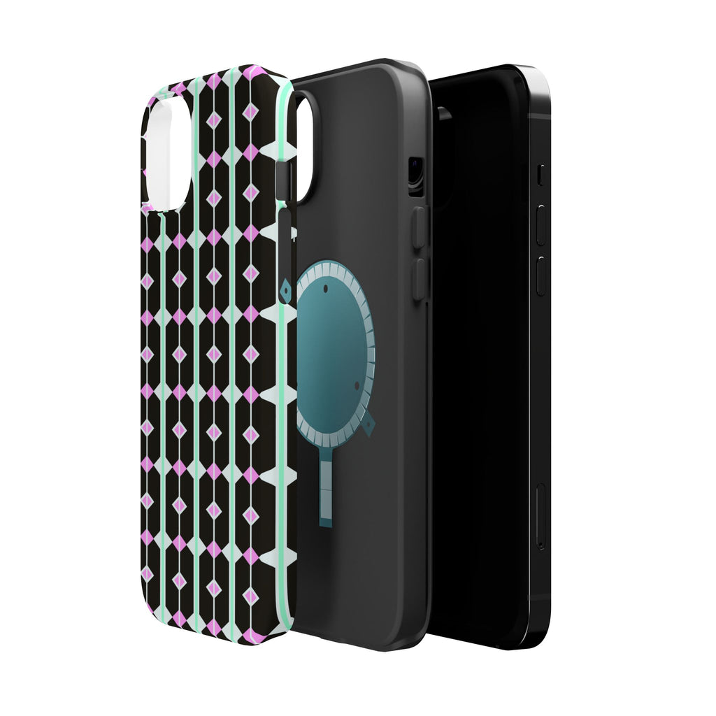Geom Stripe Magnetic Phone Case — Black with Mint & Lavender Pattern