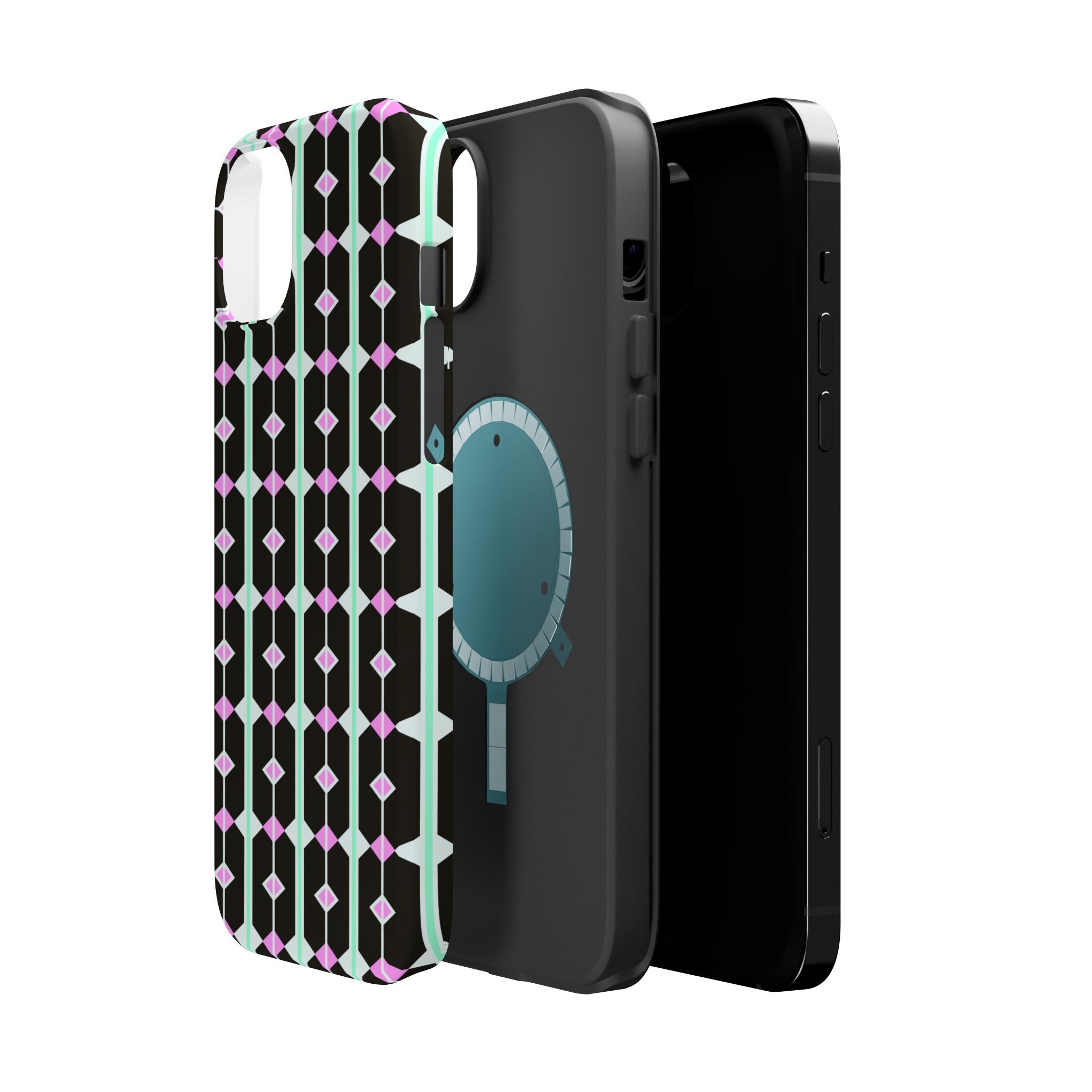 Geom Stripe Magnetic Phone Case — Black with Mint & Lavender Pattern