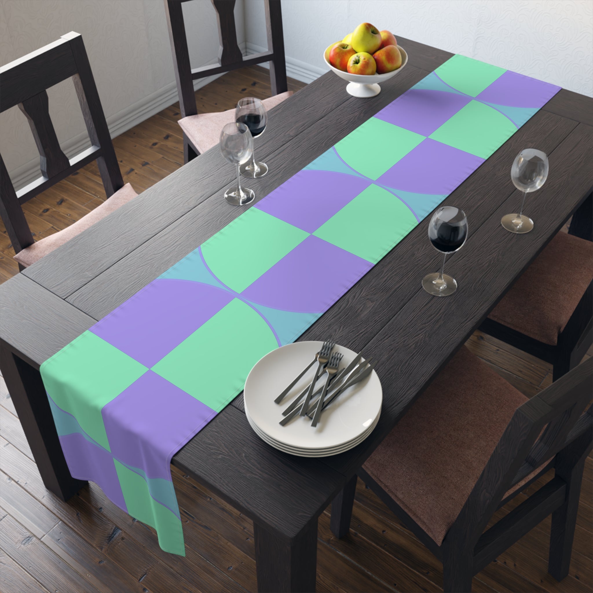 Geometric Pastel Table Runner — Mint & Lavender Circle Pattern