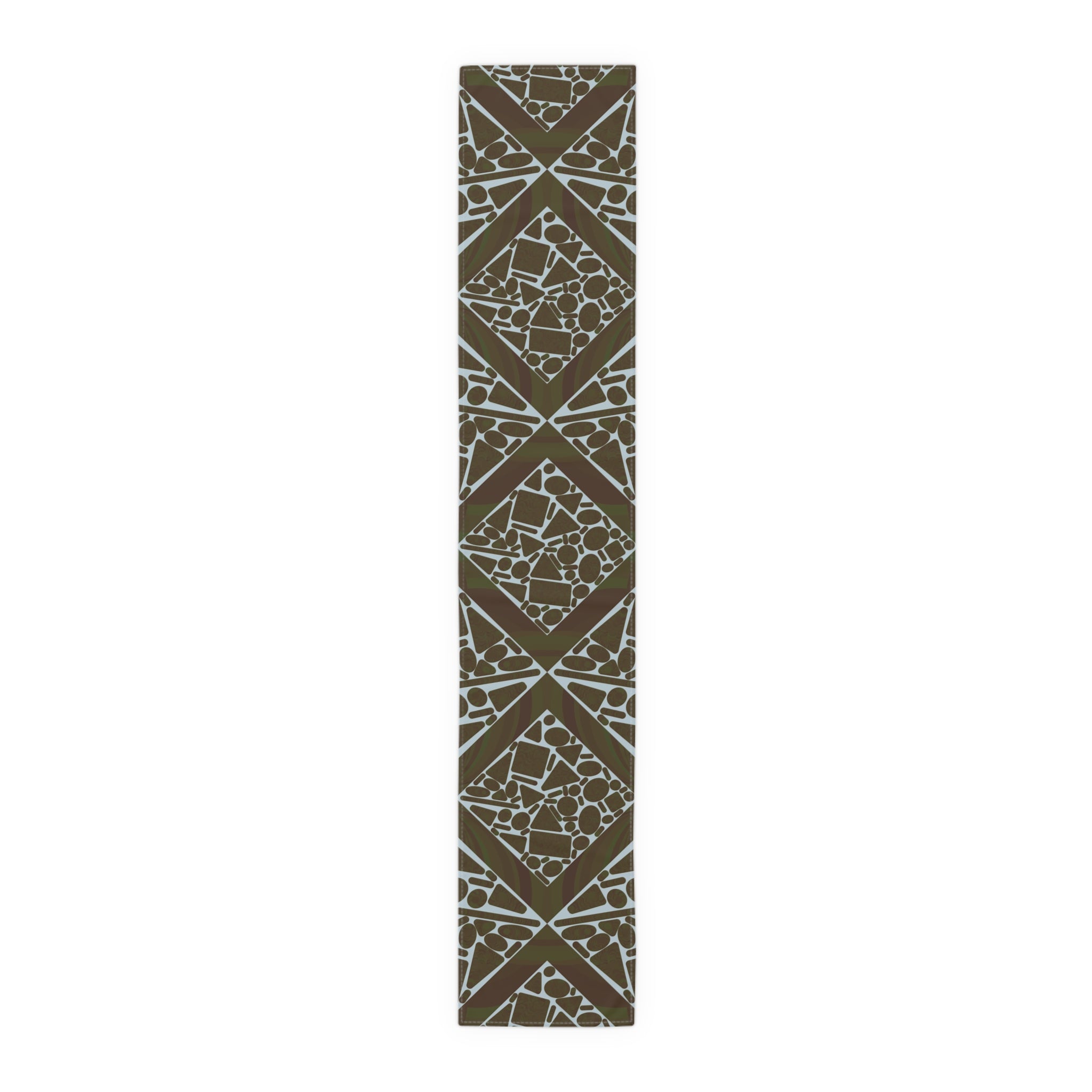 Geometric Mosaic Table Runner — Brown & Sage Decorative Dining Accent