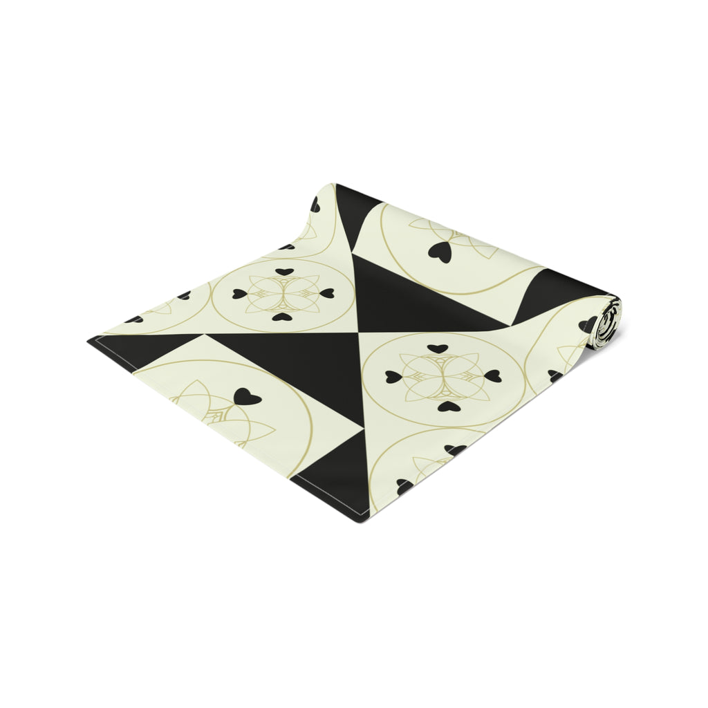 Geometric Heart Quilt Table Runner — Black & Cream Modern Farmhouse Decor