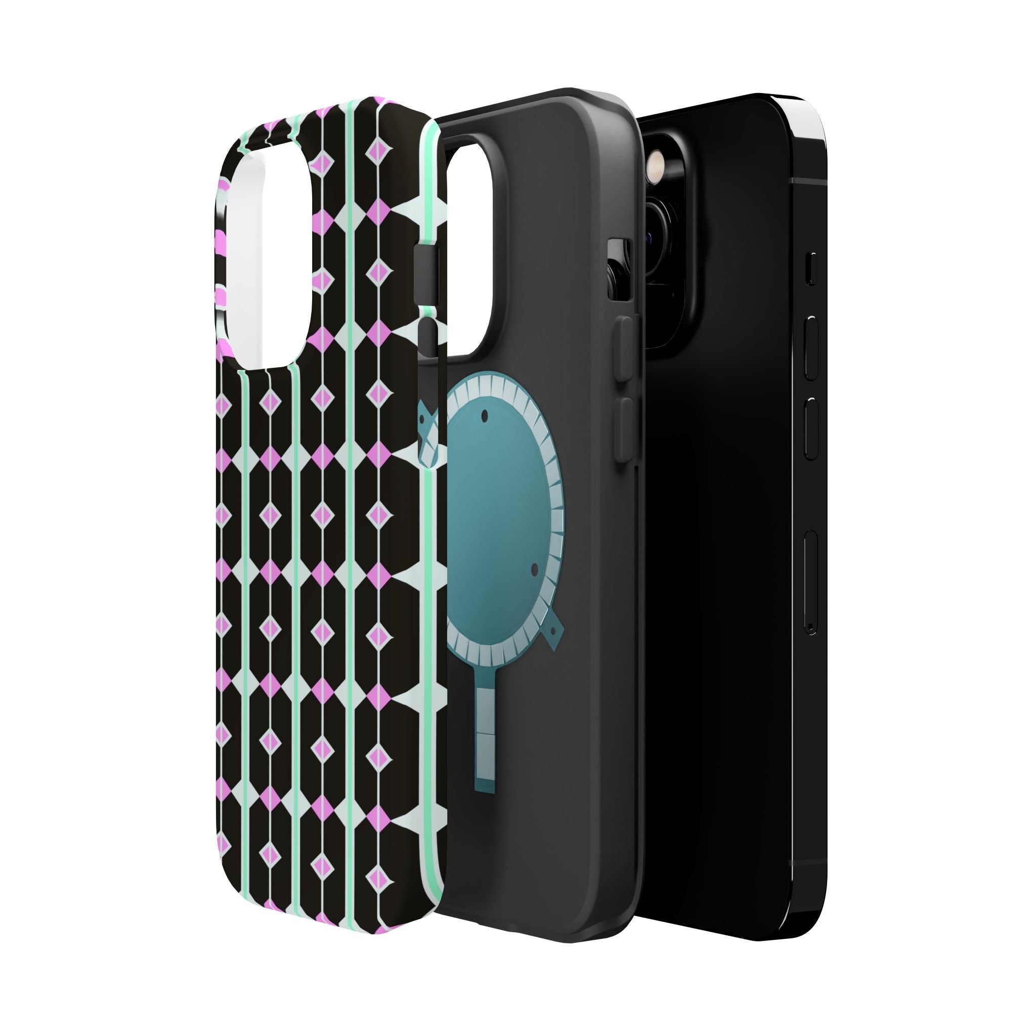Geom Stripe Magnetic Phone Case — Black with Mint & Lavender Pattern
