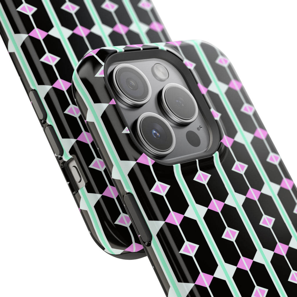 Geom Stripe Magnetic Phone Case — Black with Mint & Lavender Pattern