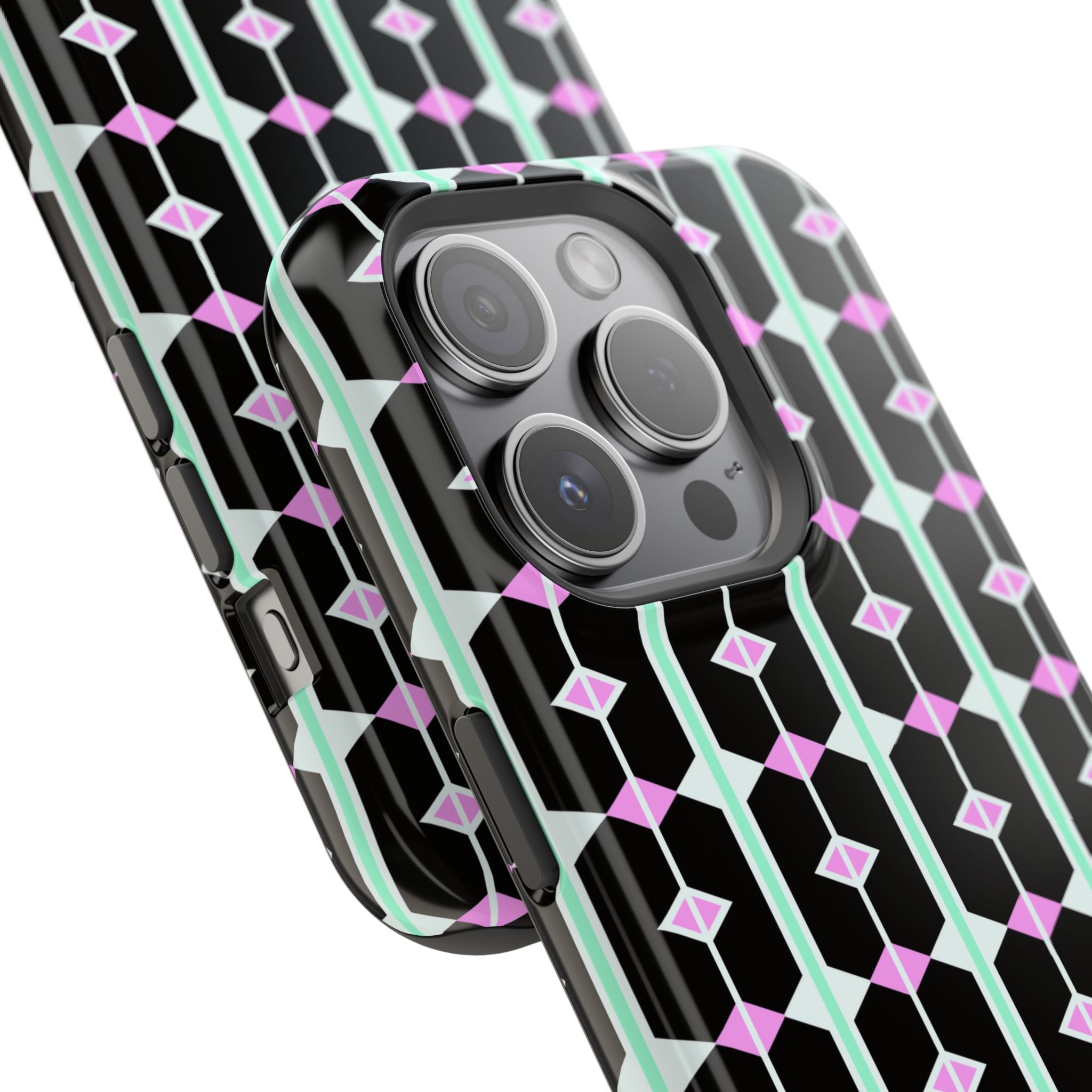 Geom Stripe Magnetic Phone Case — Black with Mint & Lavender Pattern