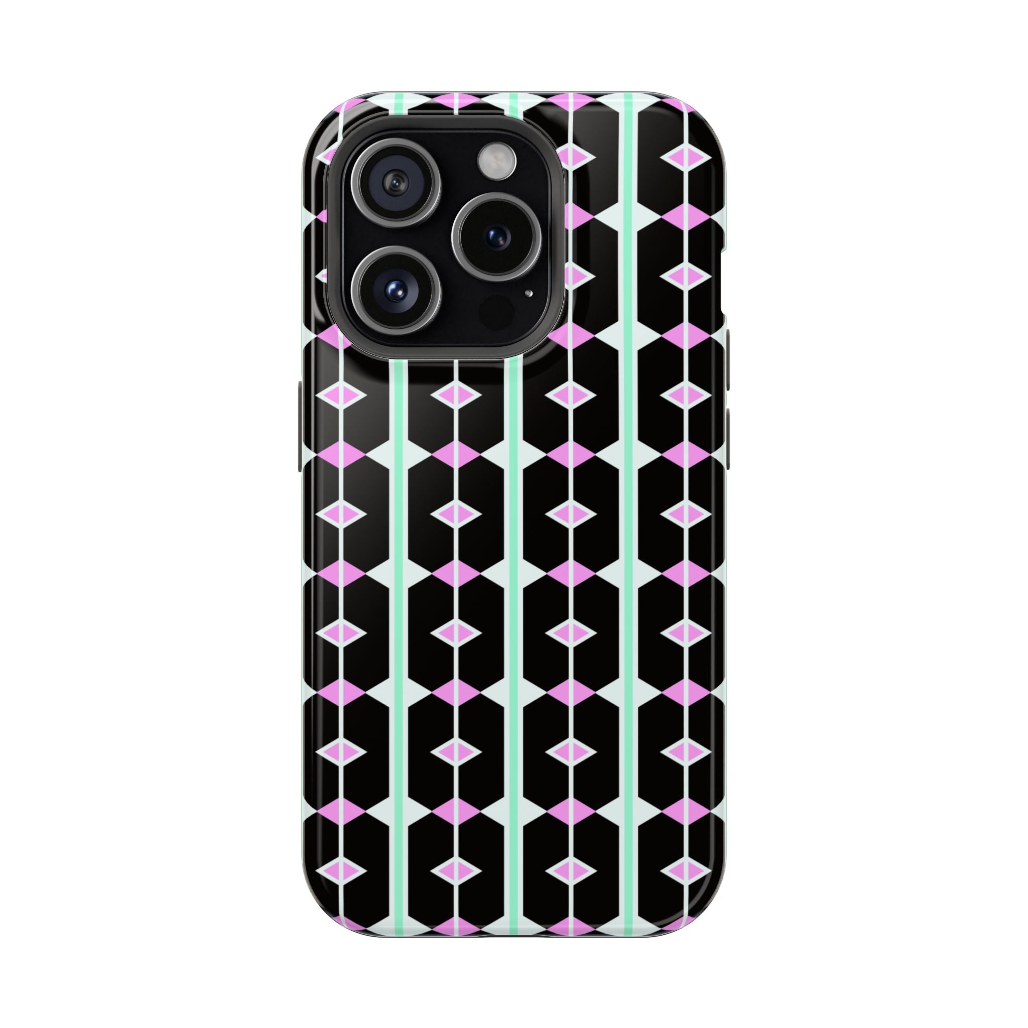 Geom Stripe Magnetic Phone Case — Black with Mint & Lavender Pattern