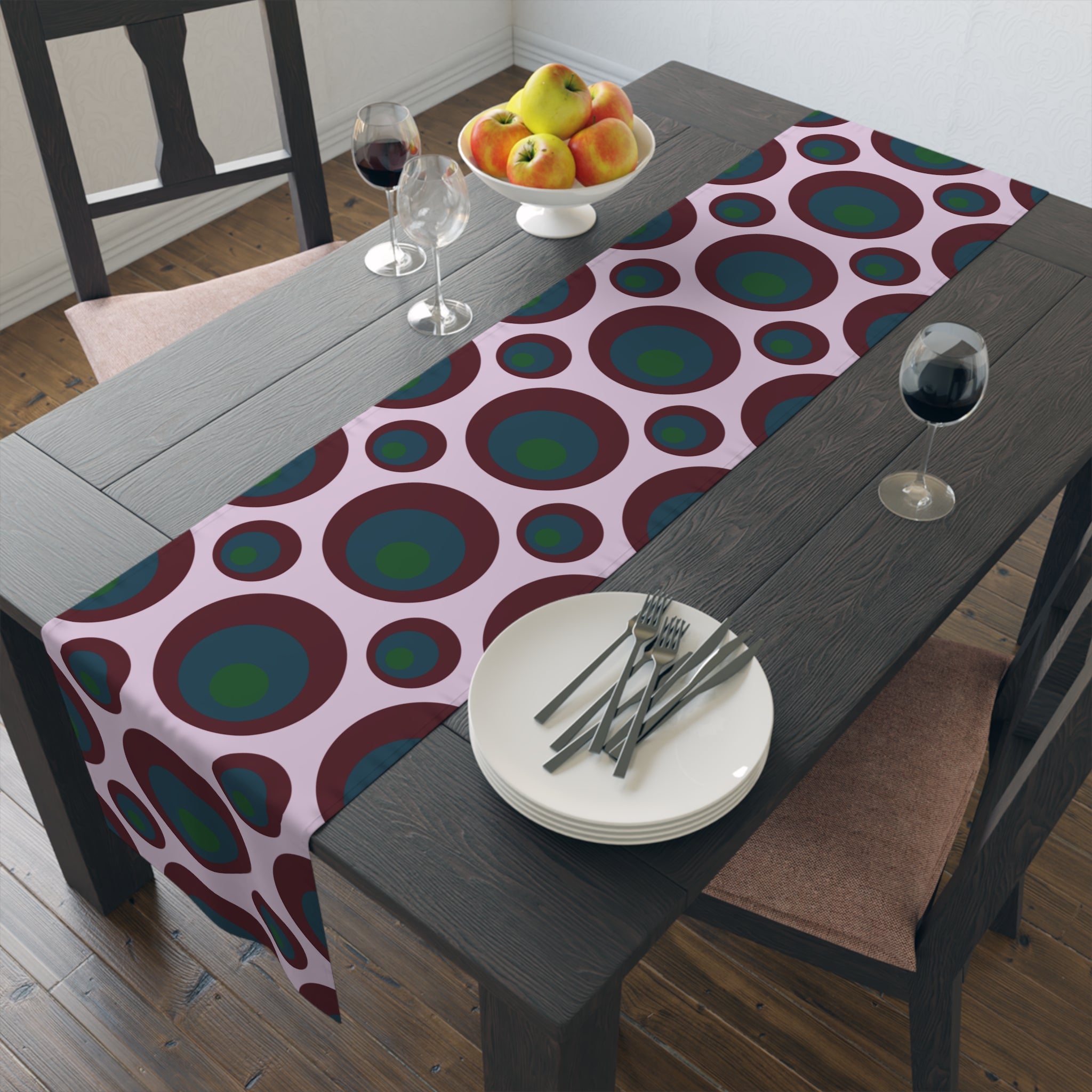 Retro Polka Dot Table Runner — Midcentury Circles Cotton-Poly Dining Accent