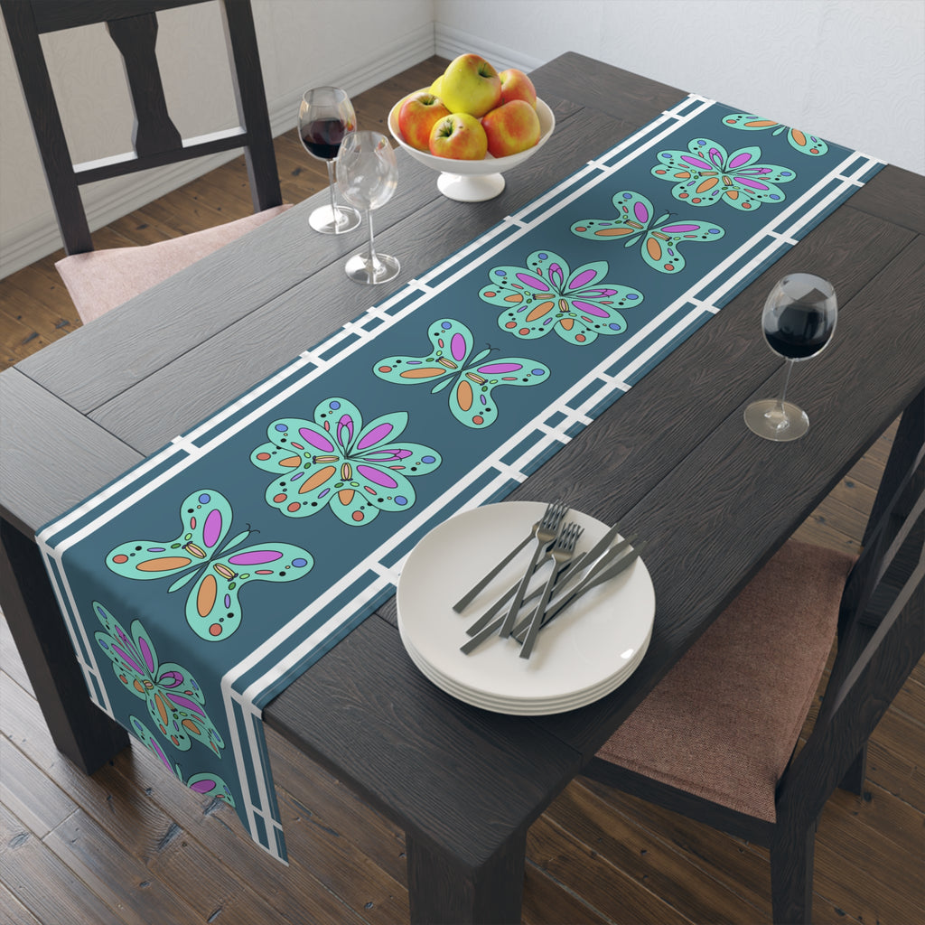Floral Mosaic Table Runner — Teal Boho Dining Decor