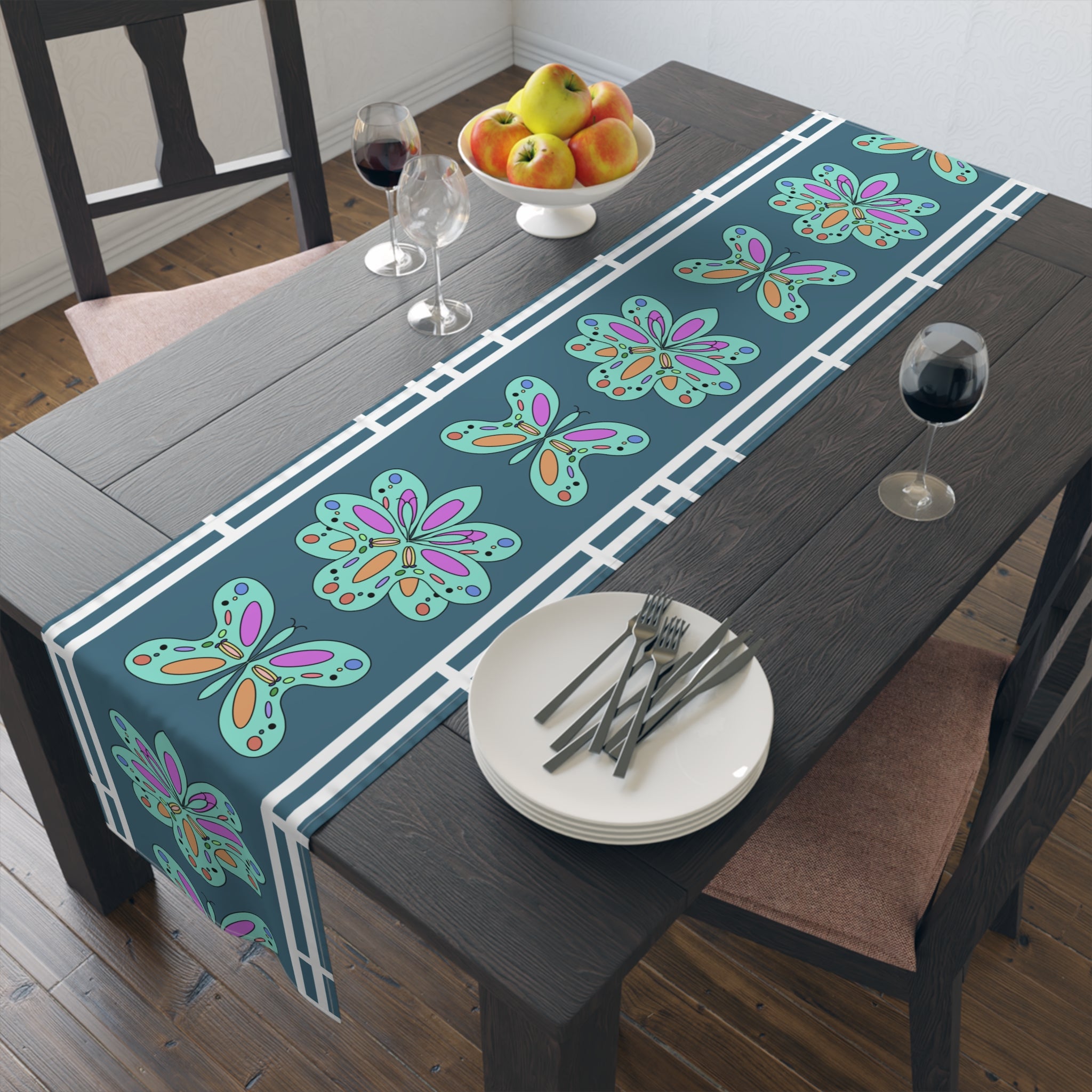 Floral Mosaic Table Runner — Teal Boho Dining Decor