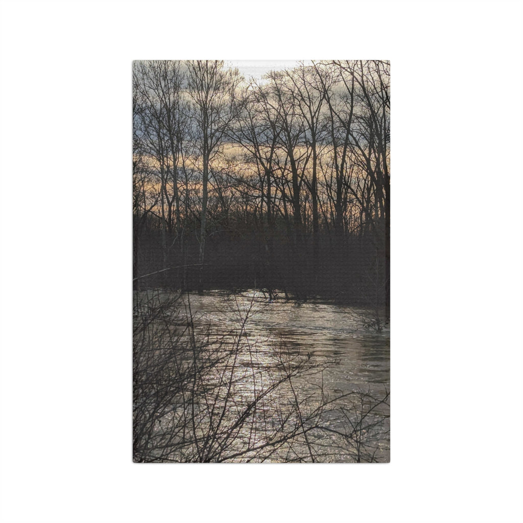 River Sunset Microfiber Tea Towel — Scenic Woodland Reflection Kitchen Towel