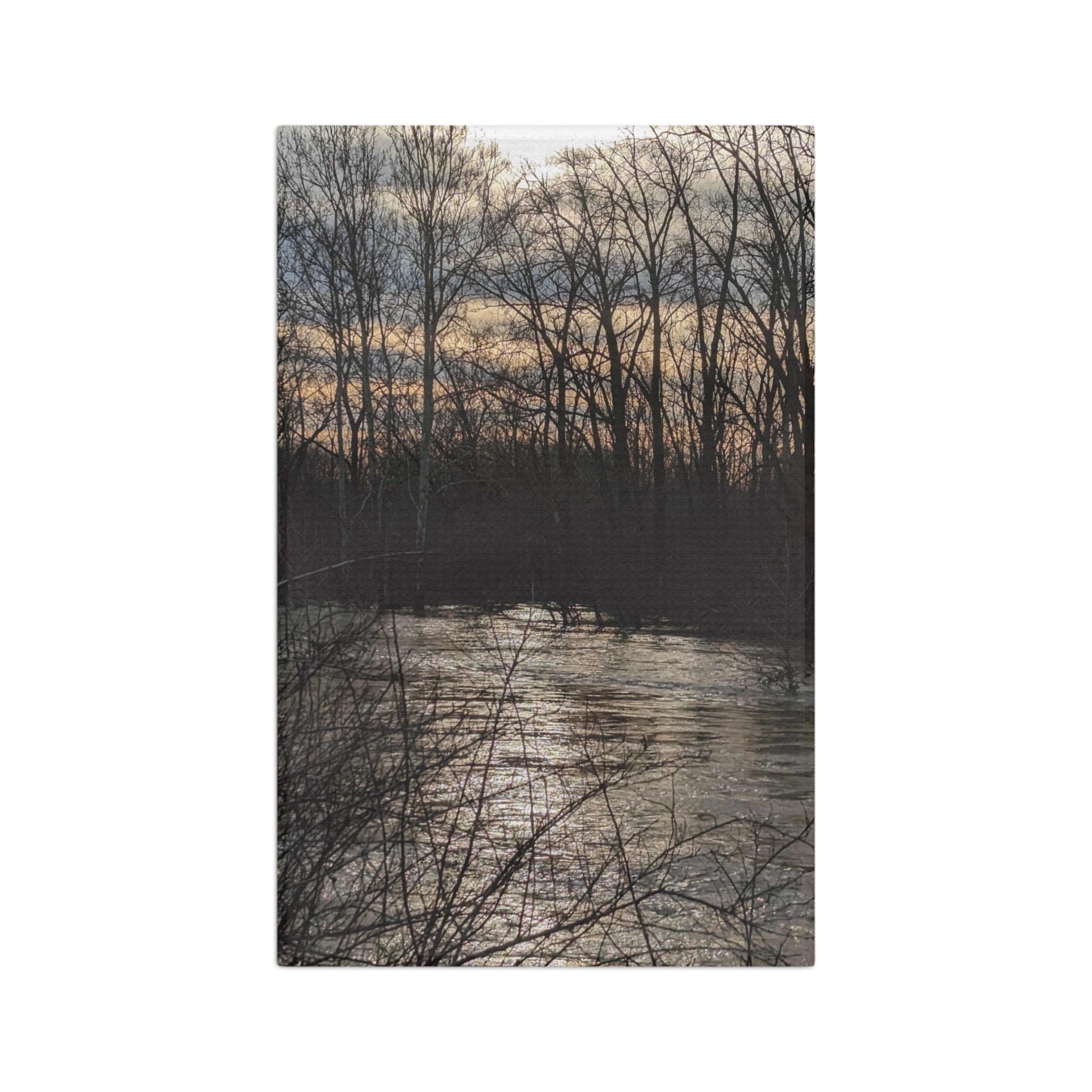 River Sunset Microfiber Tea Towel — Scenic Woodland Reflection Kitchen Towel