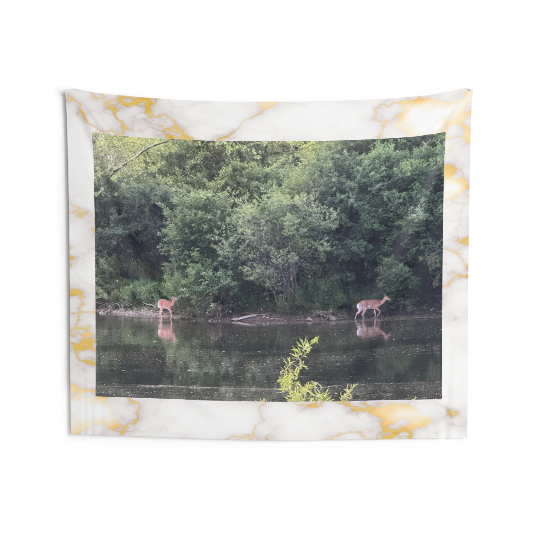 Deer at the River Wall Tapestry — Woodland Nature Scene Home Decor