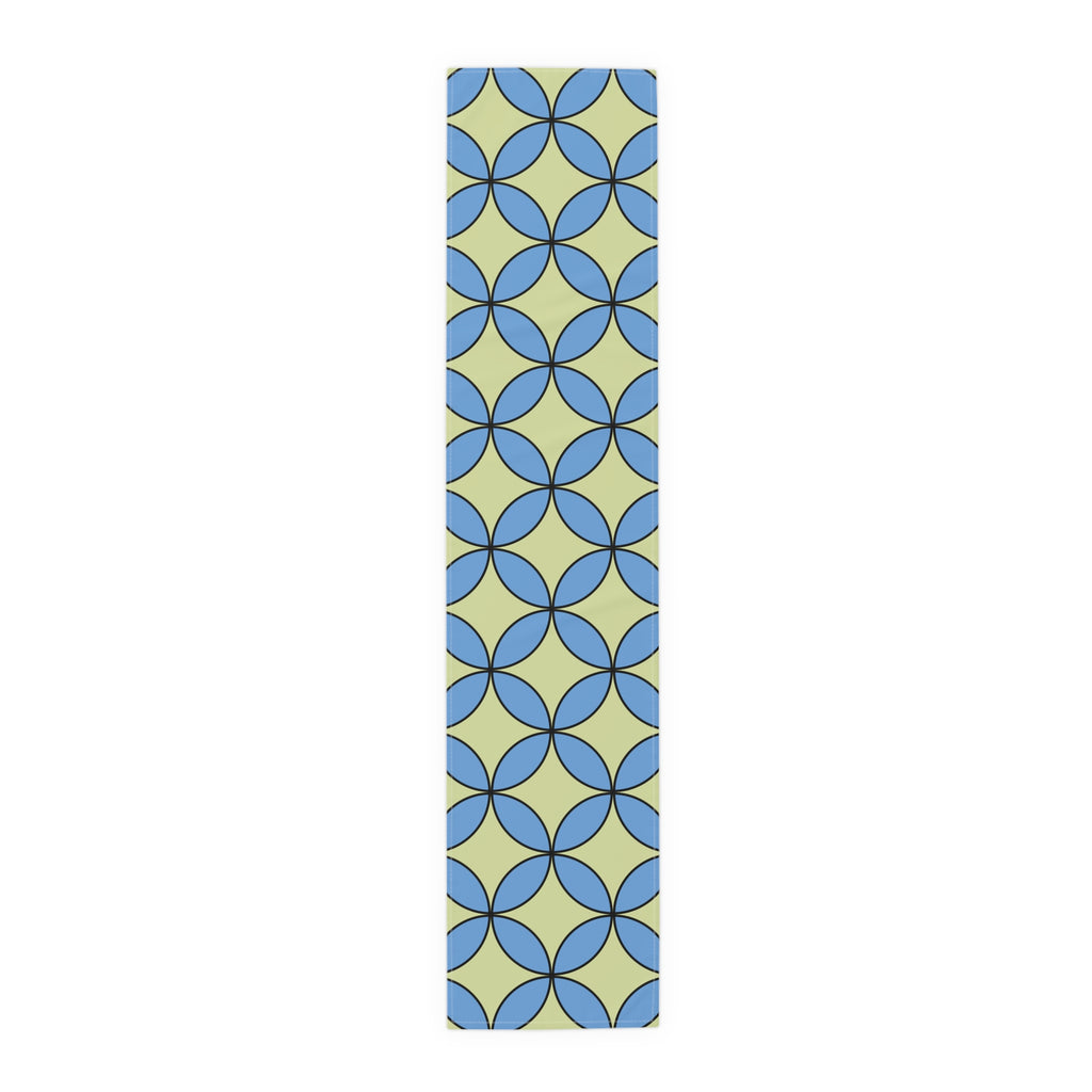 Geometric Blossom Table Runner — Blue & Lime Retro Pattern
