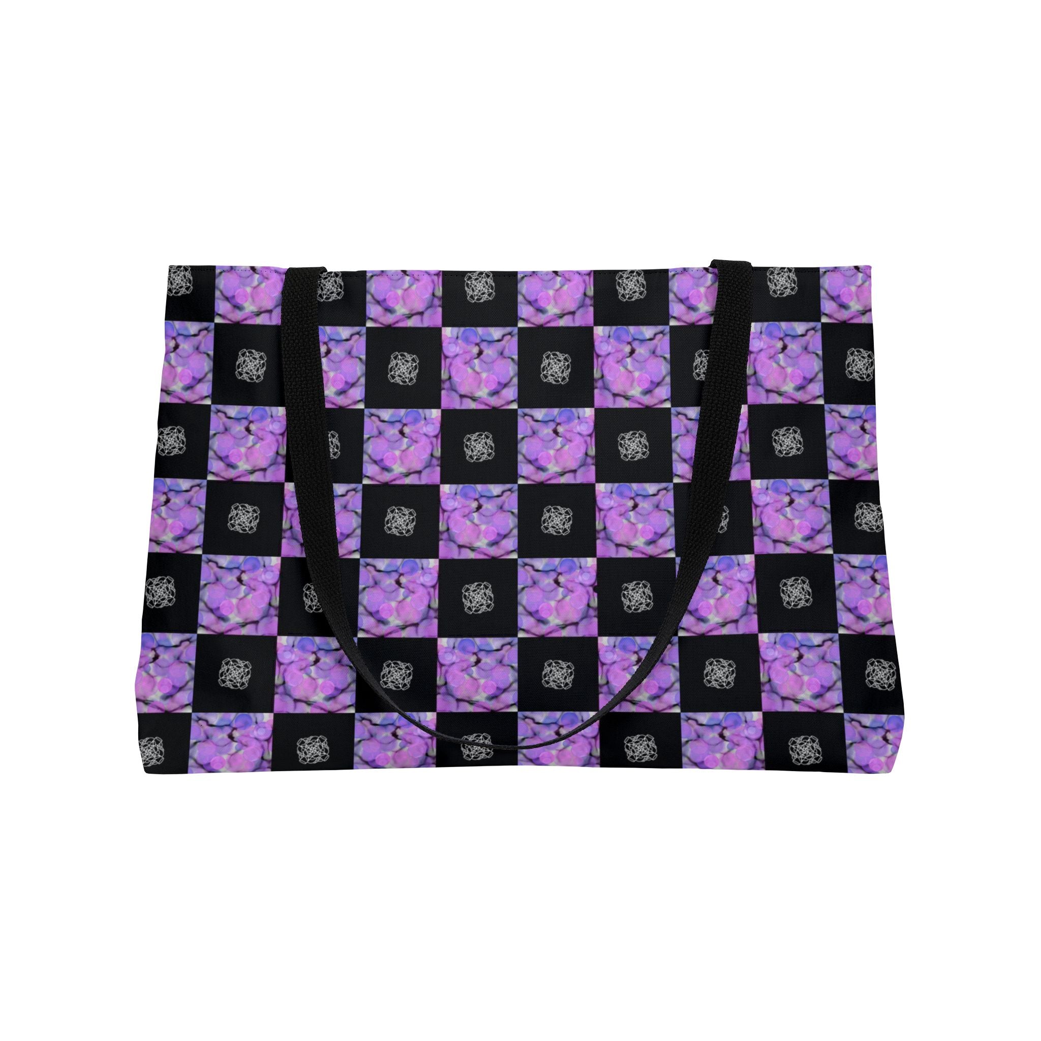 Purple Checkerboard Weekender Tote Bag — Floral Pattern Overnight Bag