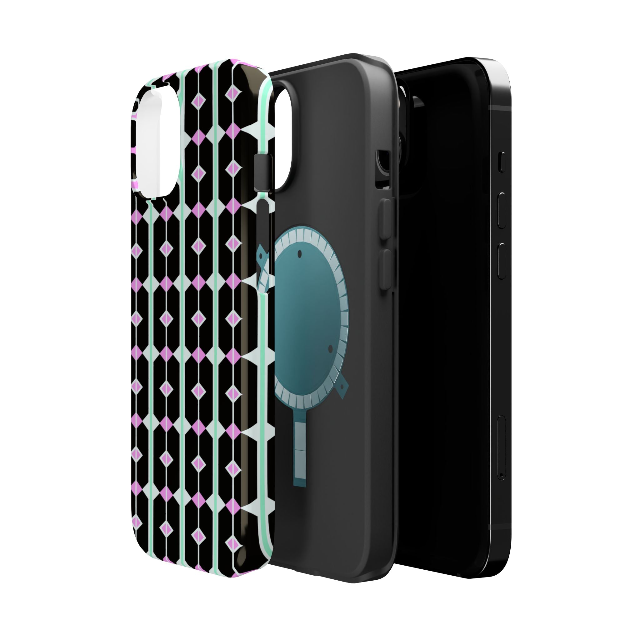 Geom Stripe Magnetic Phone Case — Black with Mint & Lavender Pattern