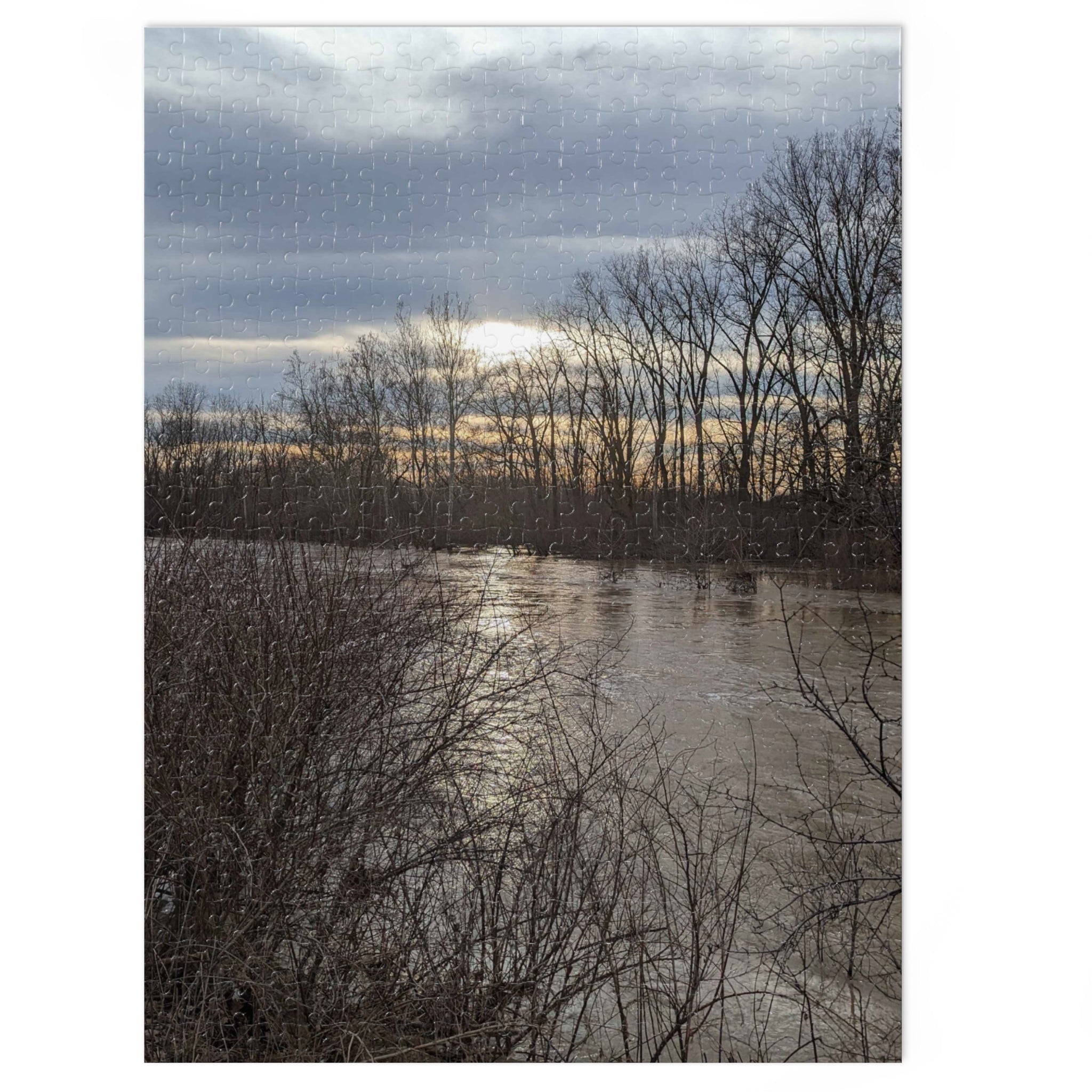 Scenic Winter Marsh Jigsaw Puzzle with Tin - Tranquil Lake Sunset