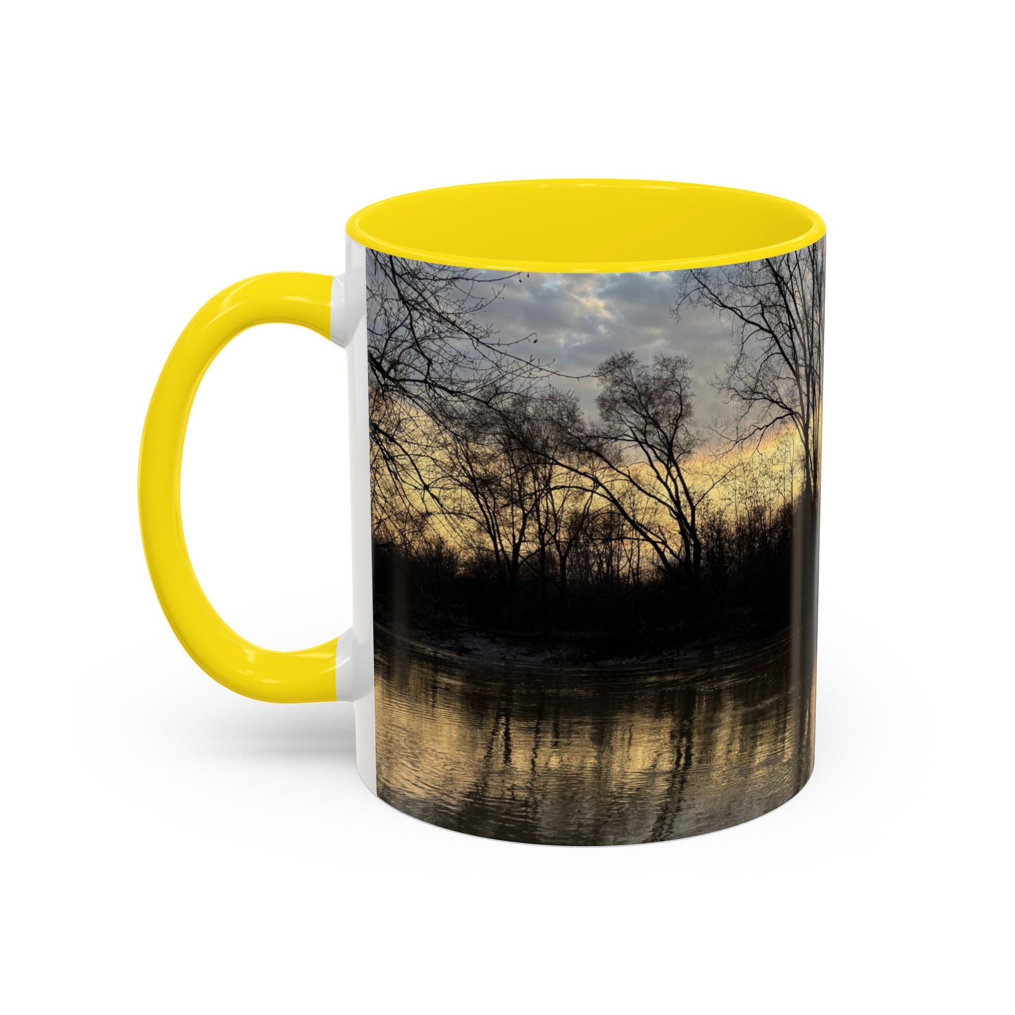 Sunset Reflection Coffee Mug — Forest Silhouette Accent Mug