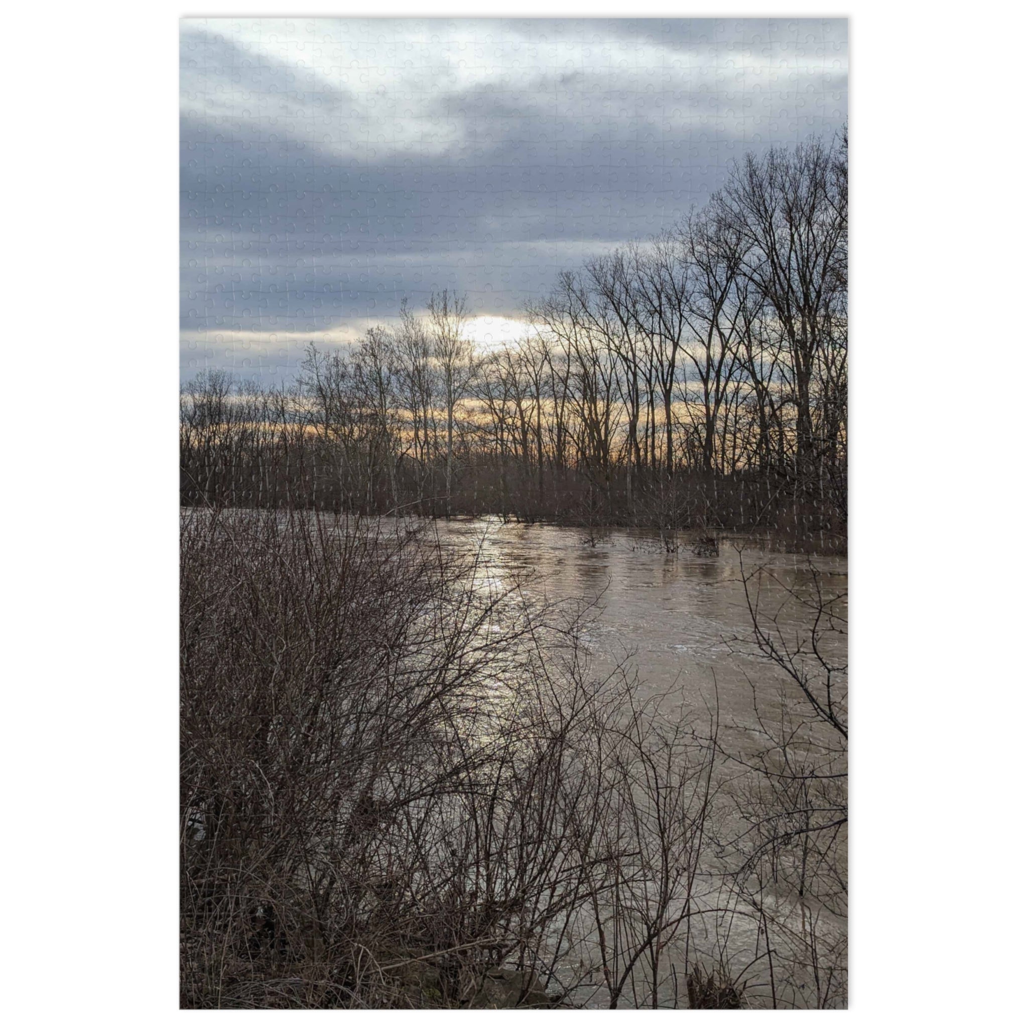 Scenic Winter Marsh Jigsaw Puzzle with Tin - Tranquil Lake Sunset