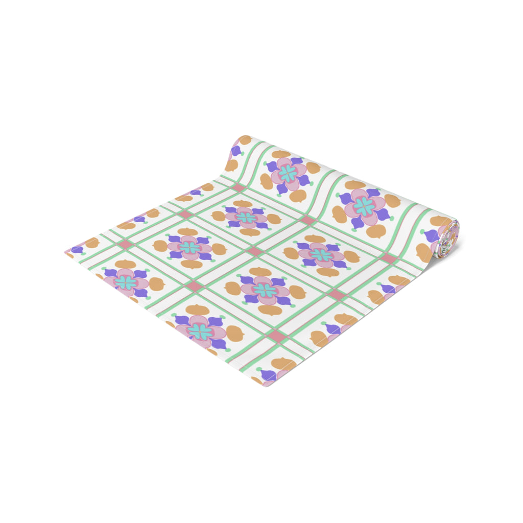 Floral Tile Table Runner — Retro Pastel Pattern Cotton-Poly Blend