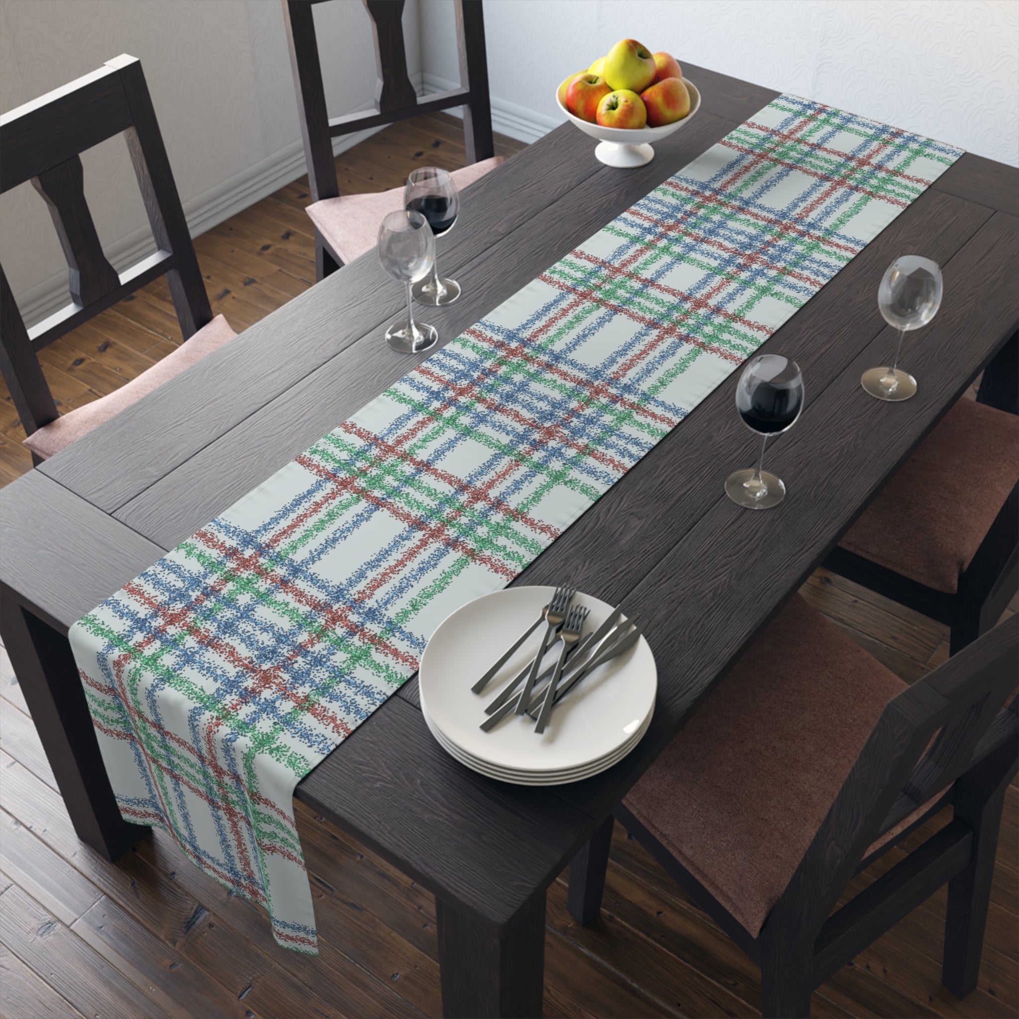 Festive Plaid Table Runner — Red, Green & Blue Holiday Plaid Cotton-Poly Blend