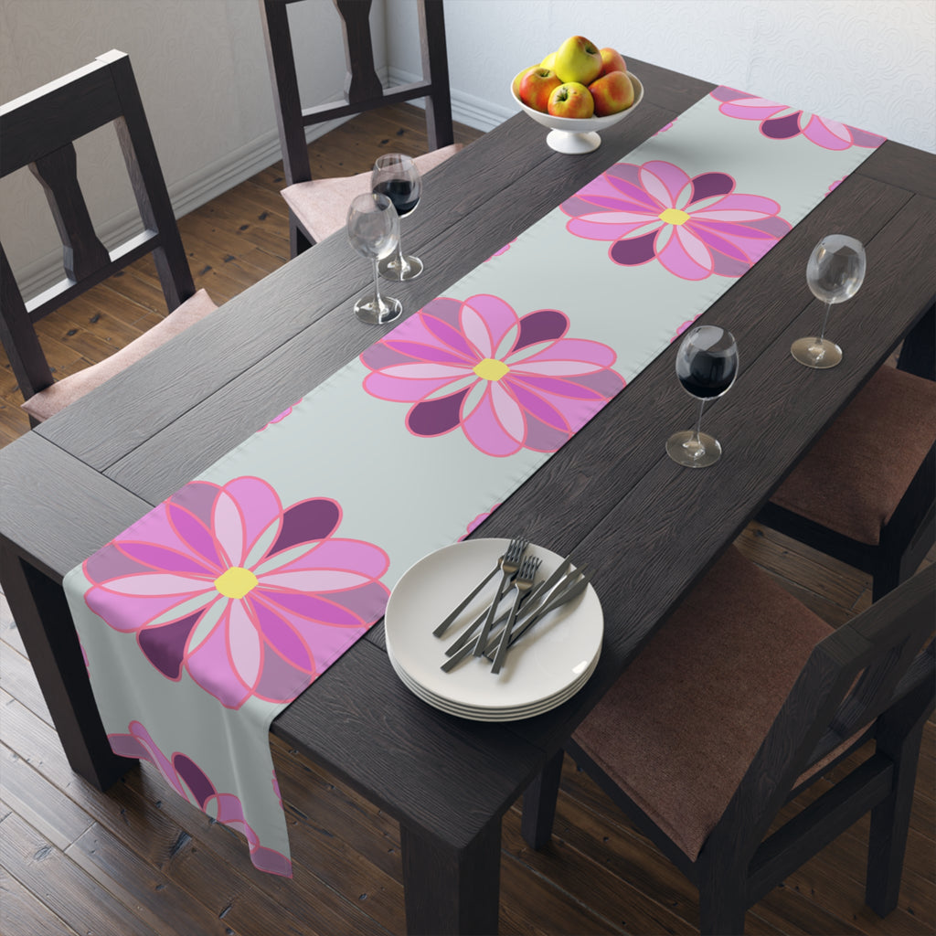 Pink Retro Floral Table Runner — Midcentury Flower Pattern Cotton-Poly Blend