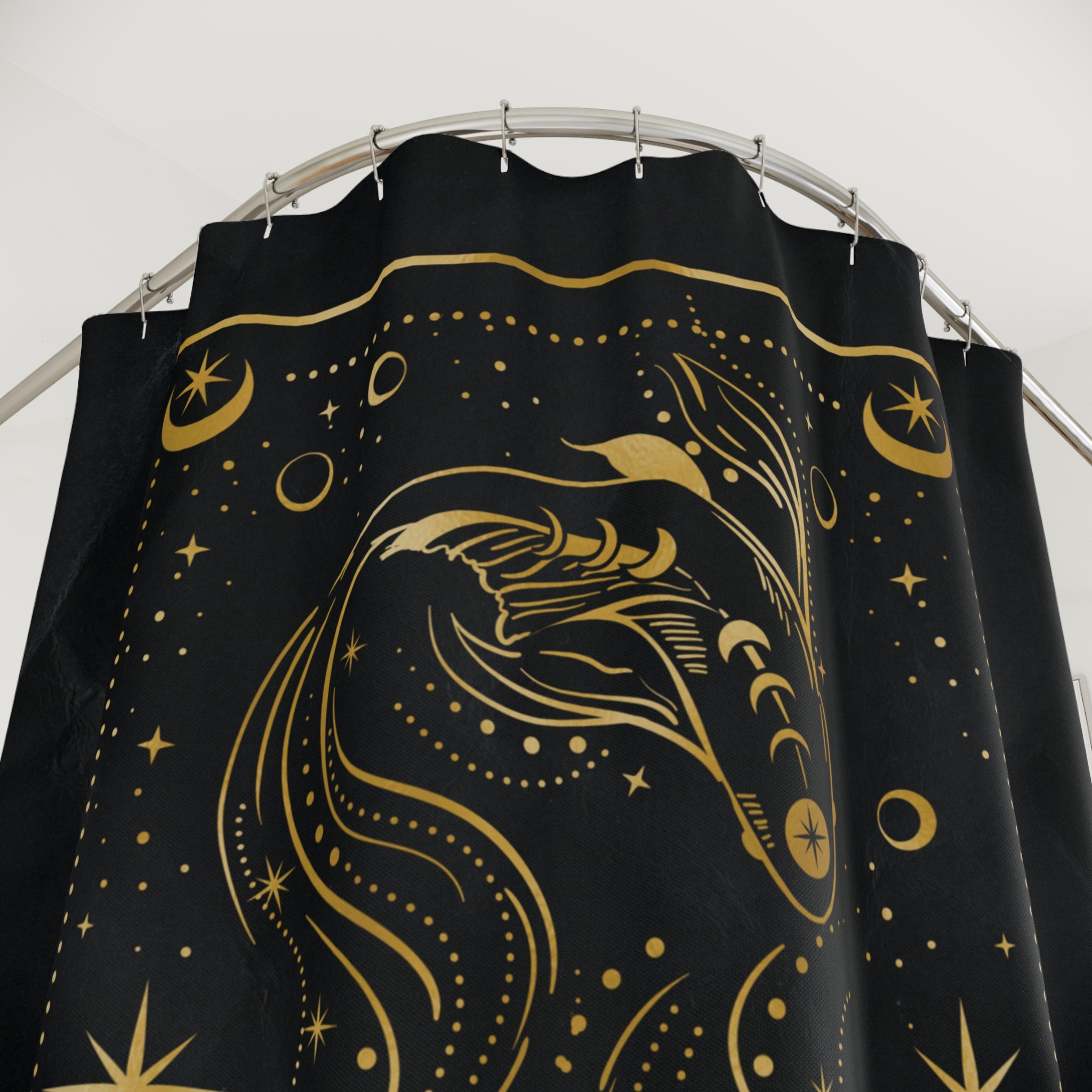 Pisces Zodiac Shower Curtain — Gold Celestial Fish Astrological Bathroom Decor