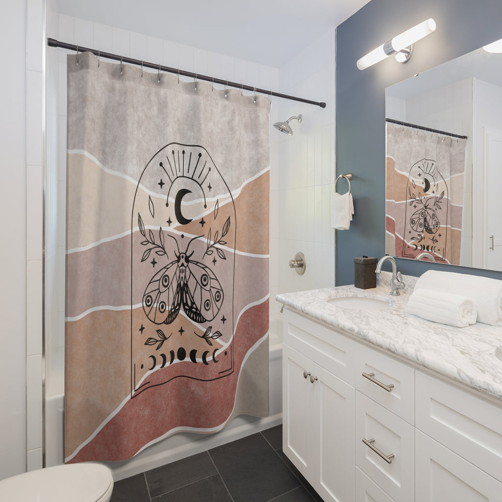Boho Moon Moth Shower Curtain — Rustic Earth Tone Crescent Moon Bath Decor