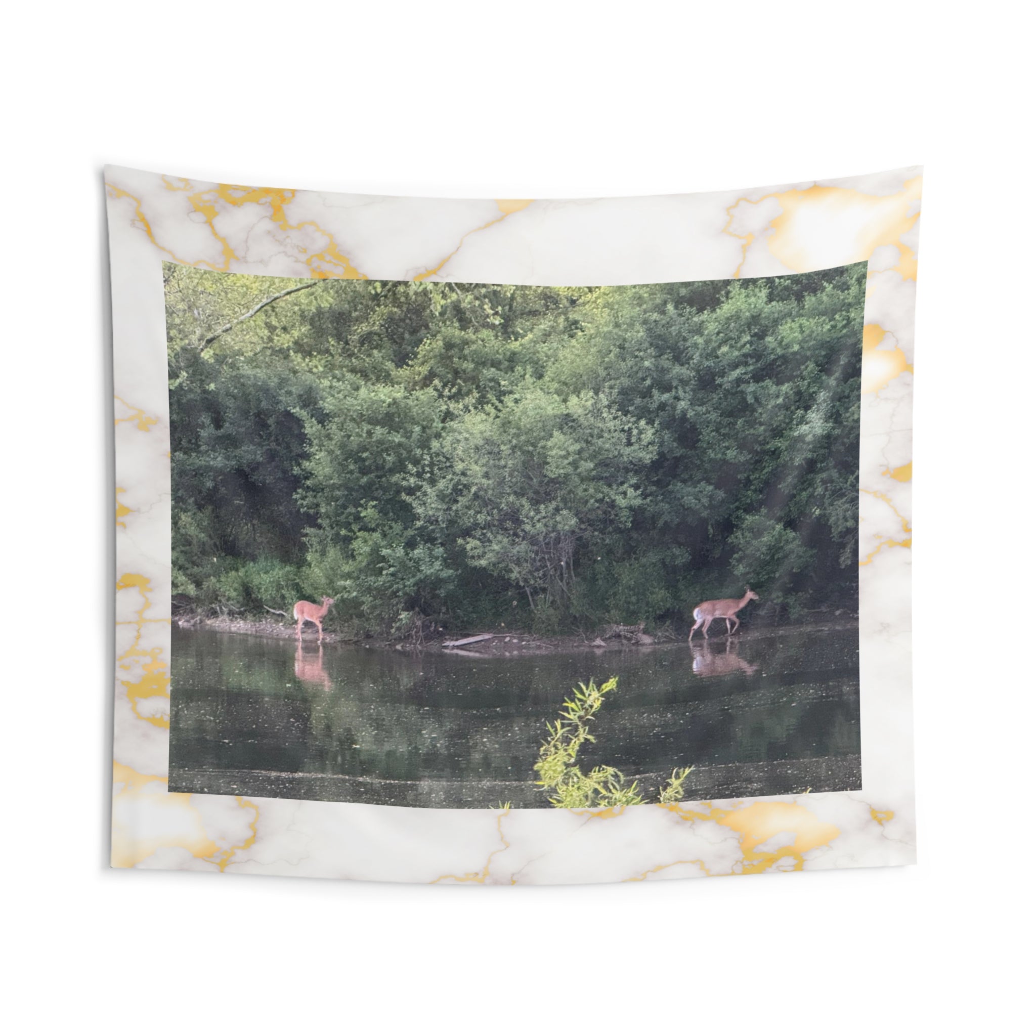 Deer at the River Wall Tapestry — Woodland Nature Scene Home Decor