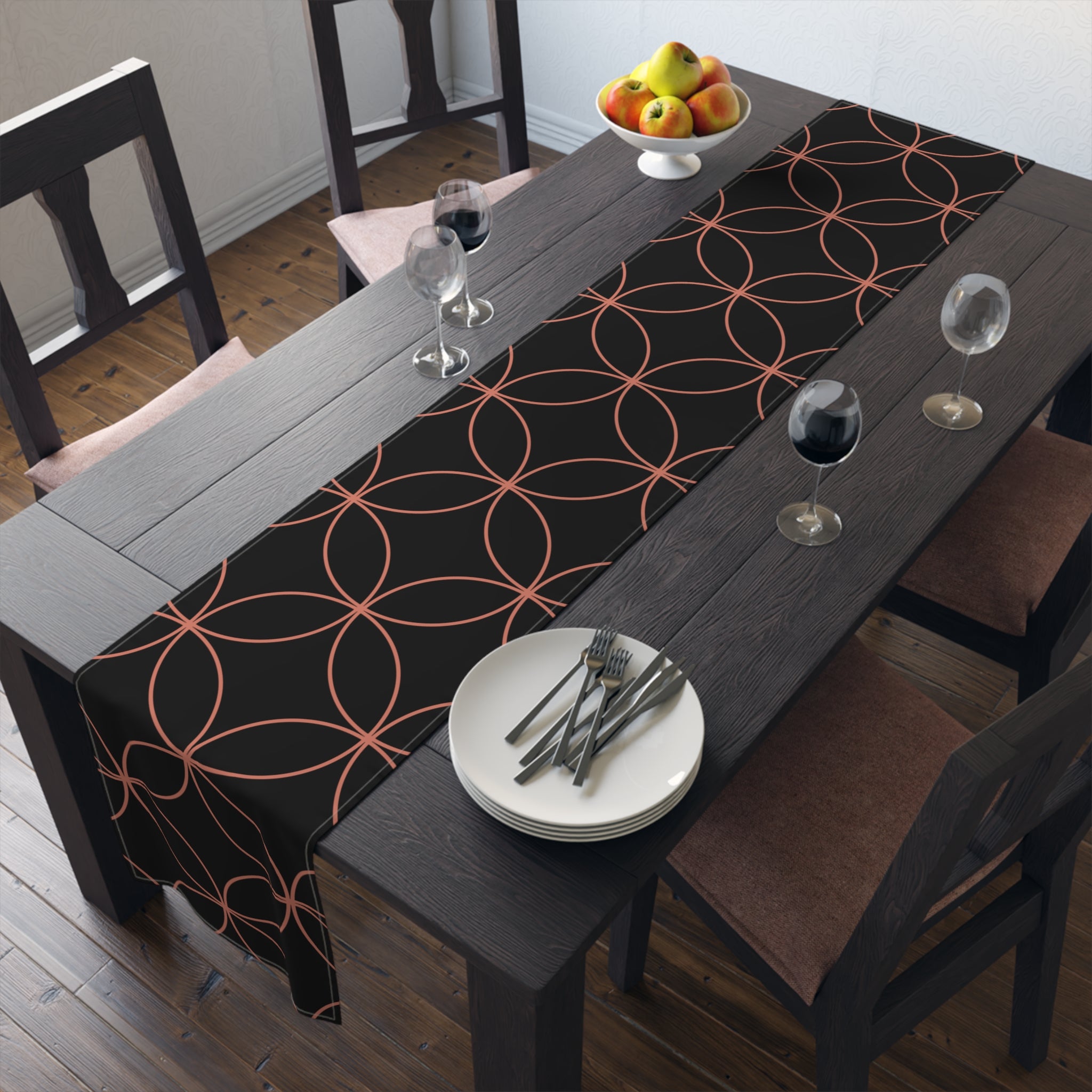 Geometric Rose Gold Circle Table Runner — Modern Black Cotton-Poly Decor