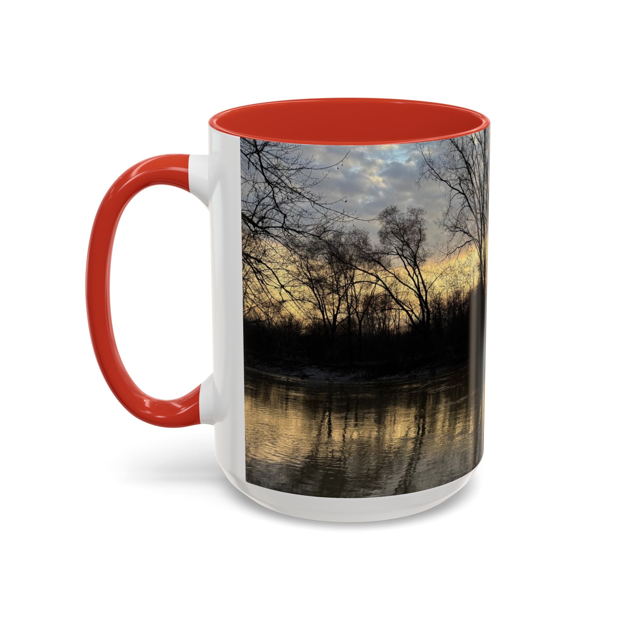 Sunset Reflection Coffee Mug — Forest Silhouette Accent Mug