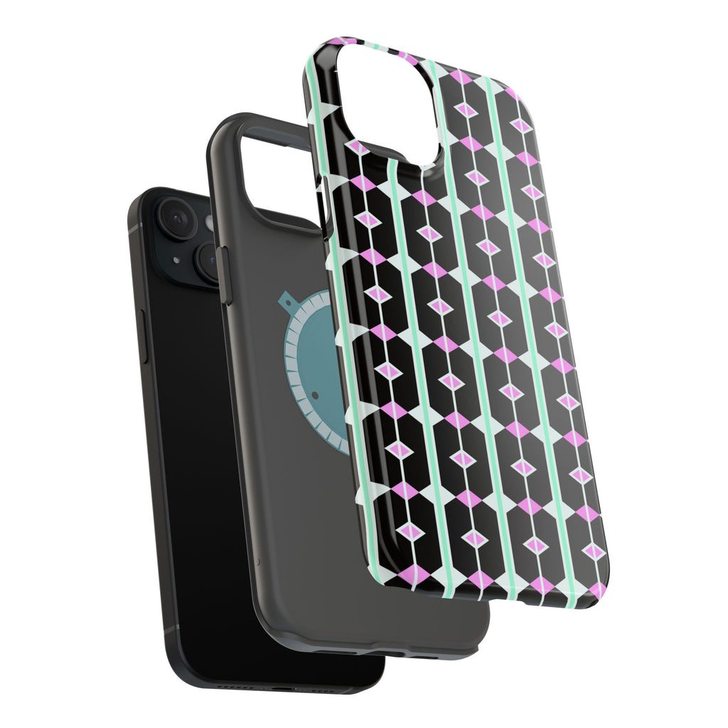 Geom Stripe Magnetic Phone Case — Black with Mint & Lavender Pattern