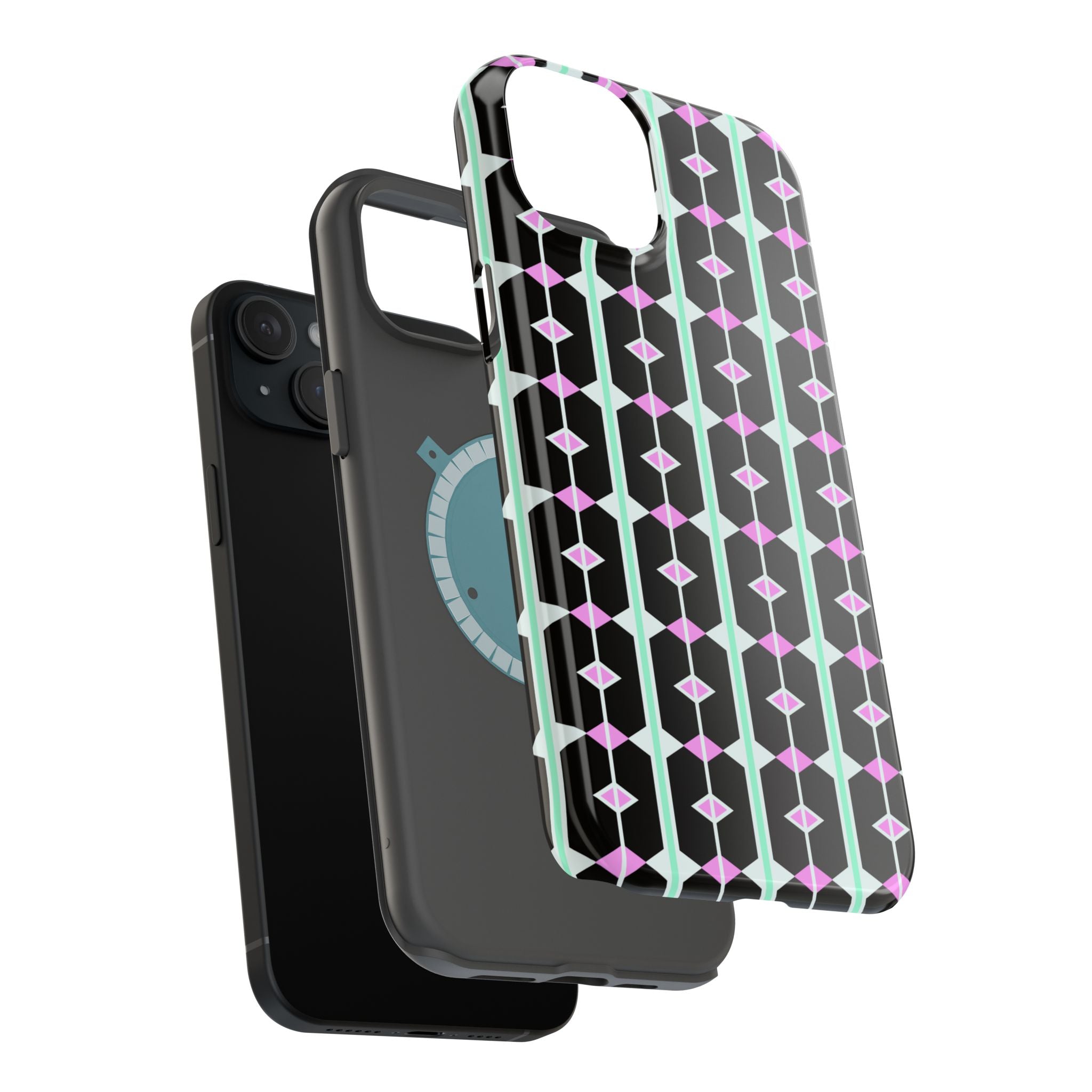 Geom Stripe Magnetic Phone Case — Black with Mint & Lavender Pattern