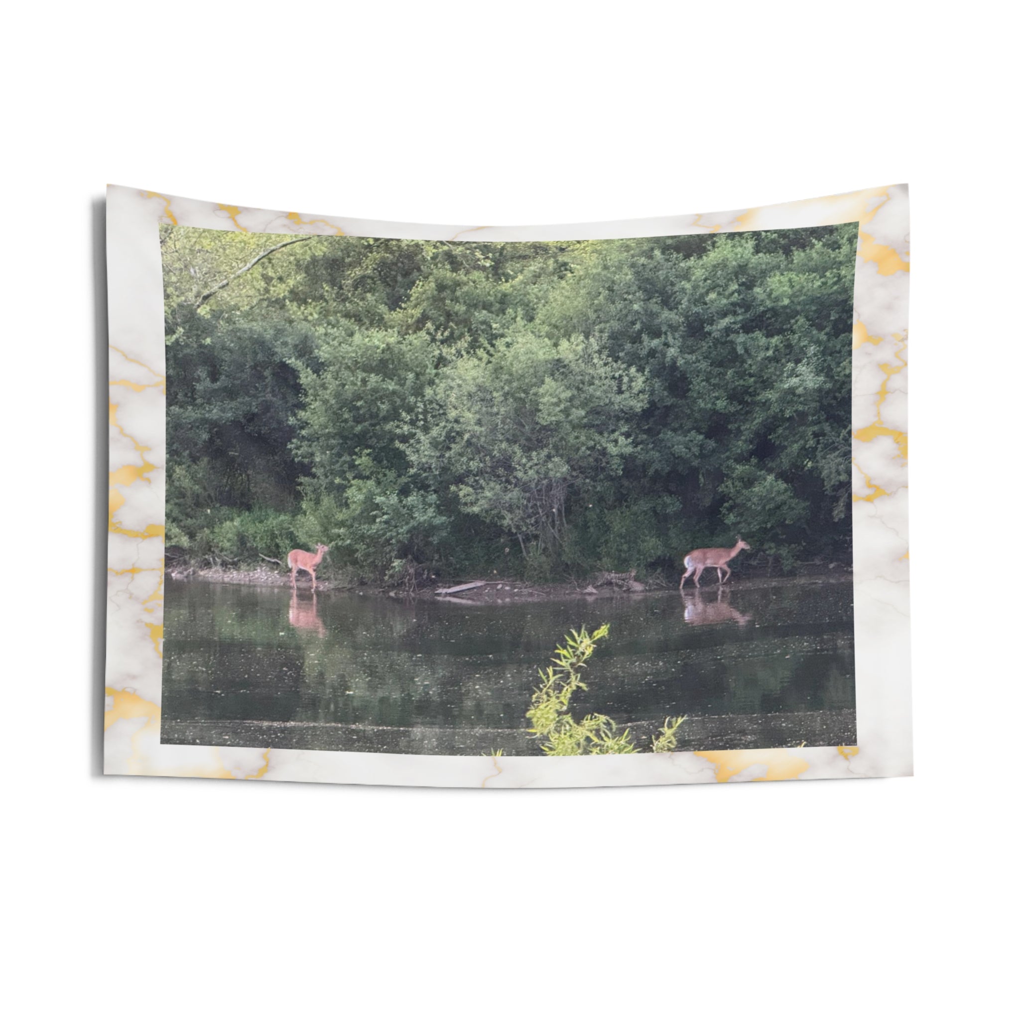 Deer at the River Wall Tapestry — Woodland Nature Scene Home Decor