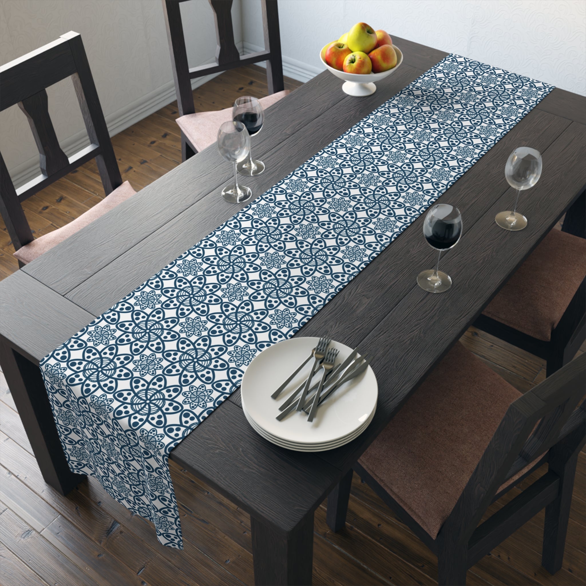 Blue Moroccan Tile Table Runner — Cotton-Poly Decorative Dining Accent