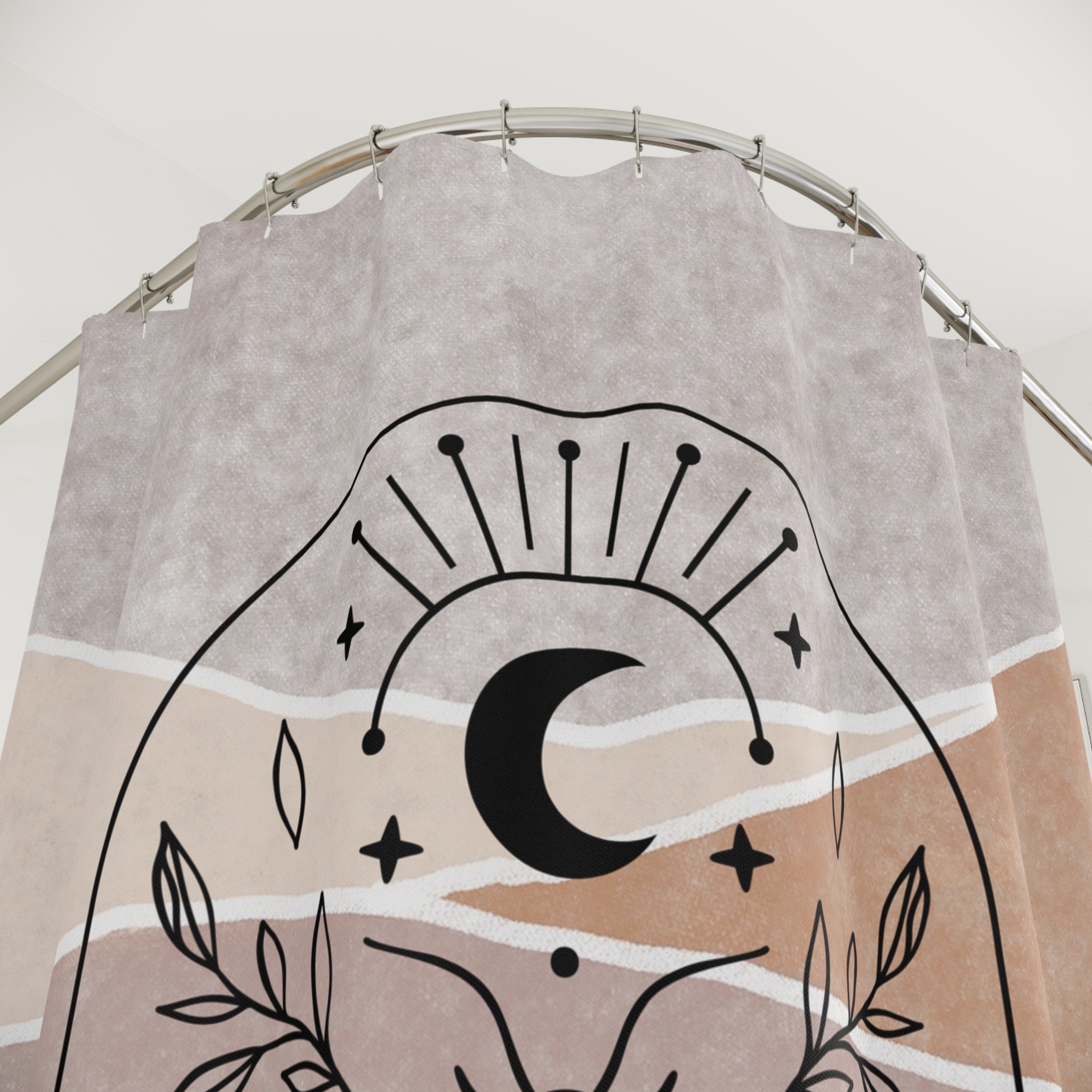 Boho Moon Moth Shower Curtain — Rustic Earth Tone Crescent Moon Bath Decor
