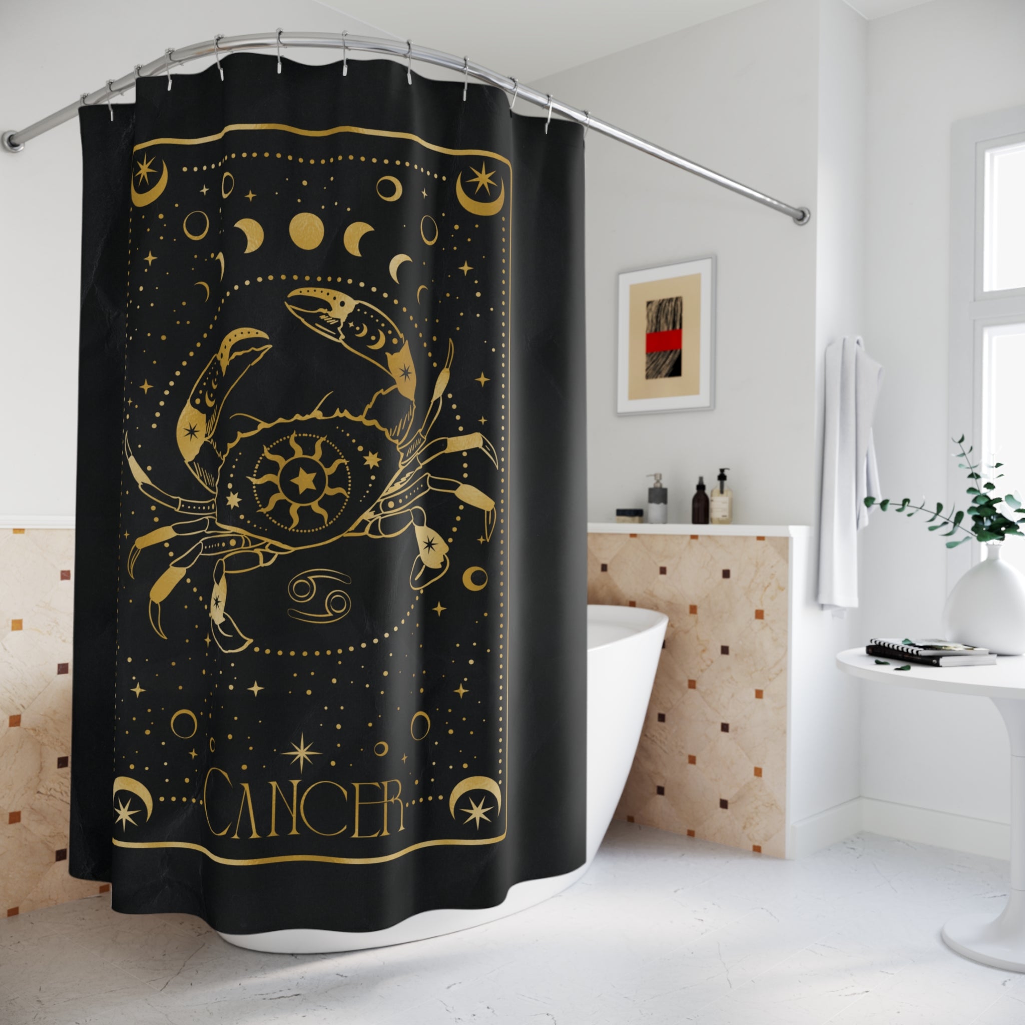 Cancer Zodiac Shower Curtain — Gold Celestial Crab Astrology Bathroom Decor
