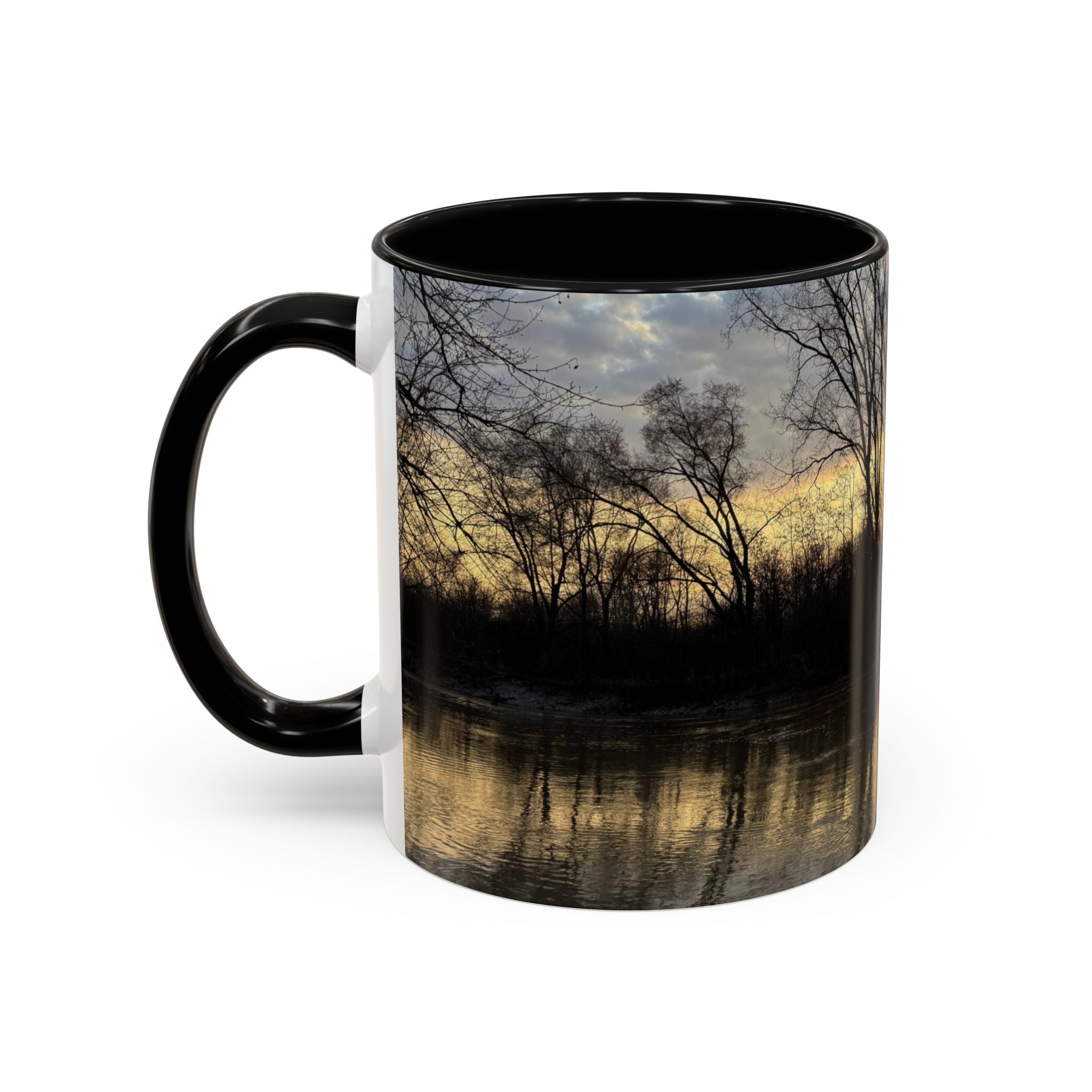 Sunset Reflection Coffee Mug — Forest Silhouette Accent Mug