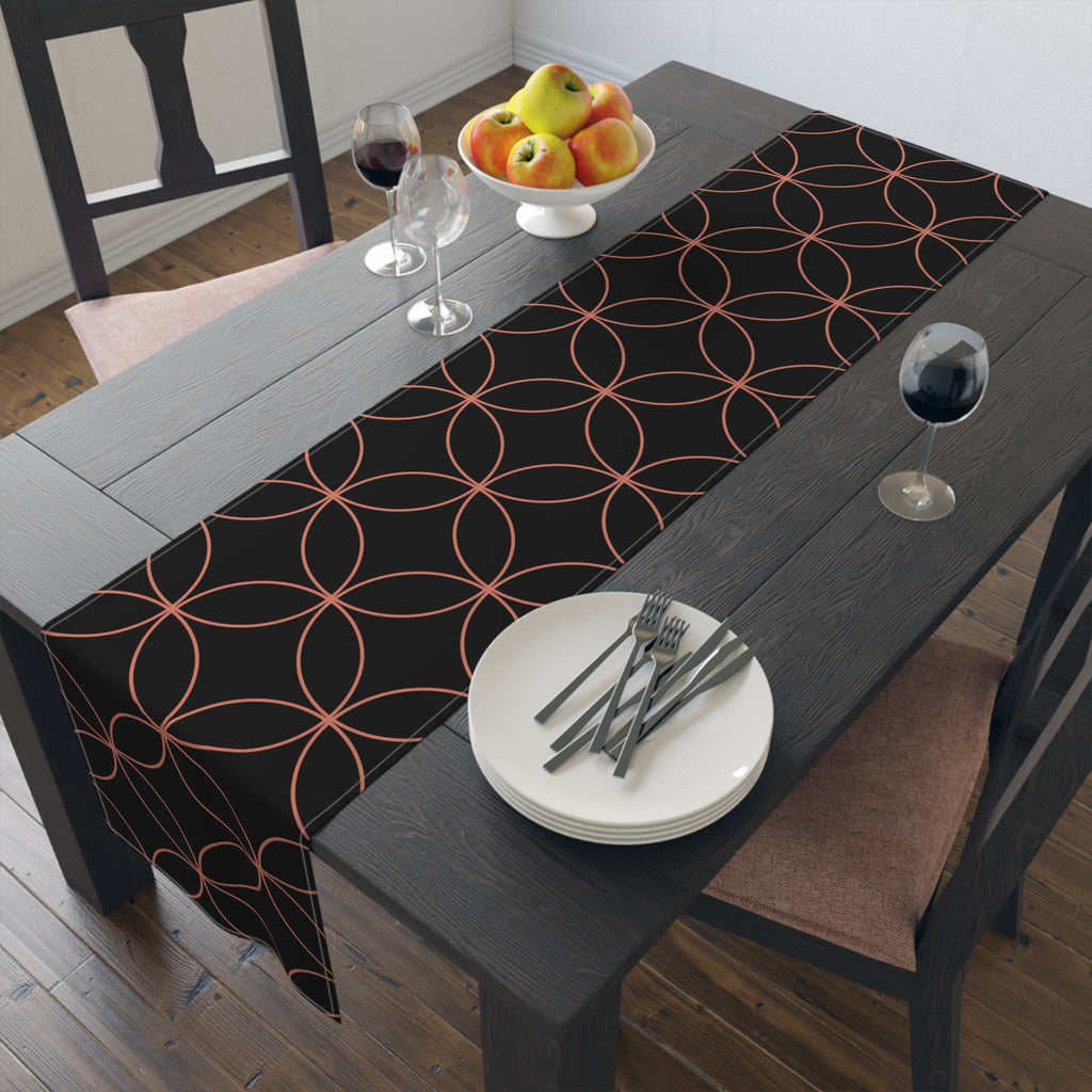 Geometric Rose Gold Circle Table Runner — Modern Black Cotton-Poly Decor