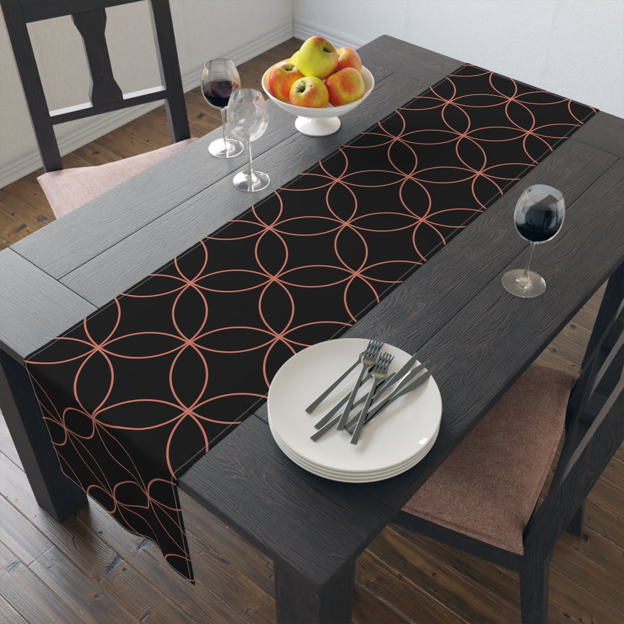 Geometric Rose Gold Circle Table Runner — Modern Black Cotton-Poly Decor