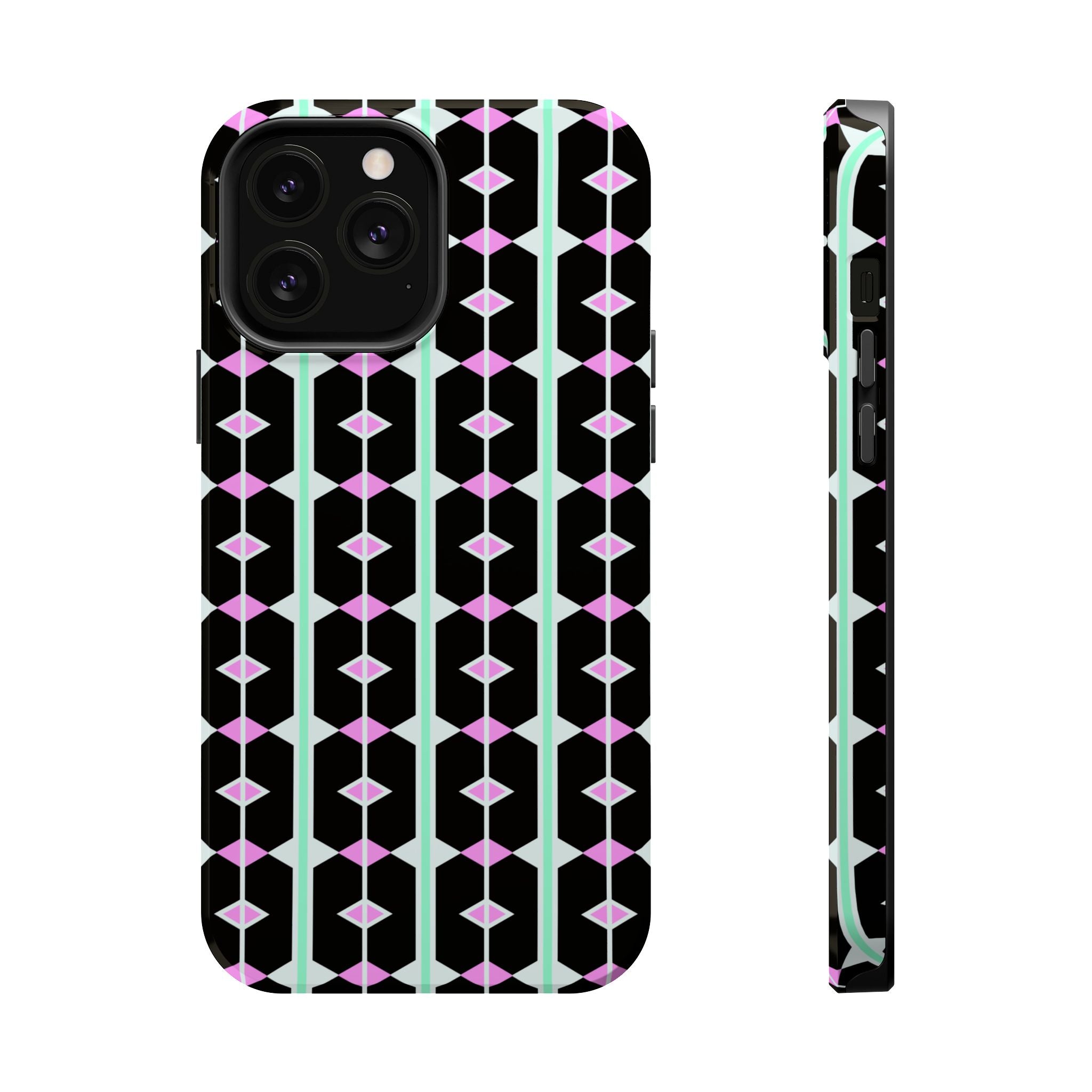 Geom Stripe Magnetic Phone Case — Black with Mint & Lavender Pattern
