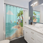 Beach Scene Shower Curtain — Tropical Palm, Umbrella & Sandperson Bathroom Decor