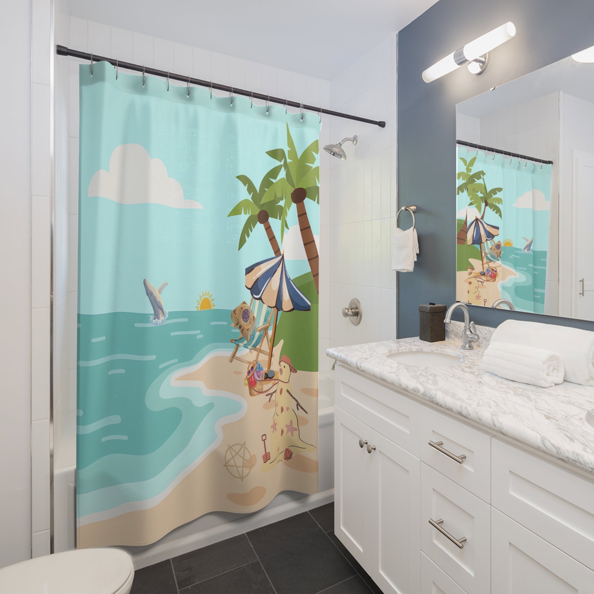 Beach Scene Shower Curtain — Tropical Palm, Umbrella & Sandperson Bathroom Decor