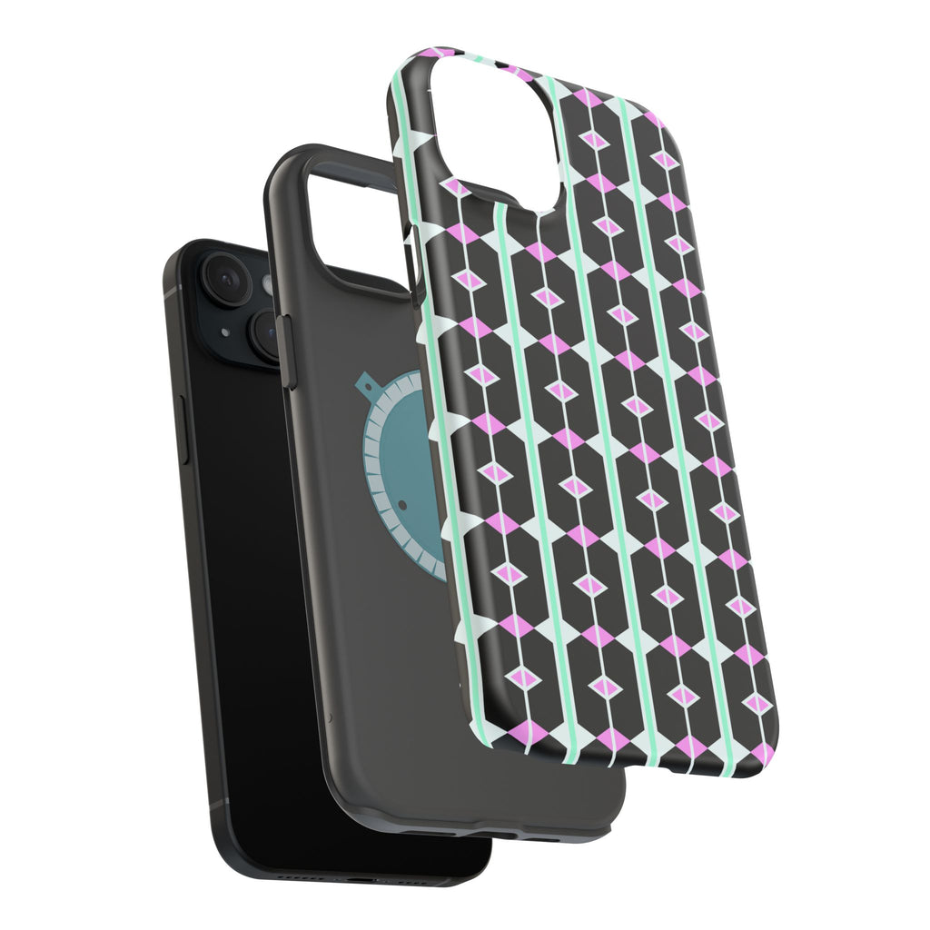 Geom Stripe Magnetic Phone Case — Black with Mint & Lavender Pattern