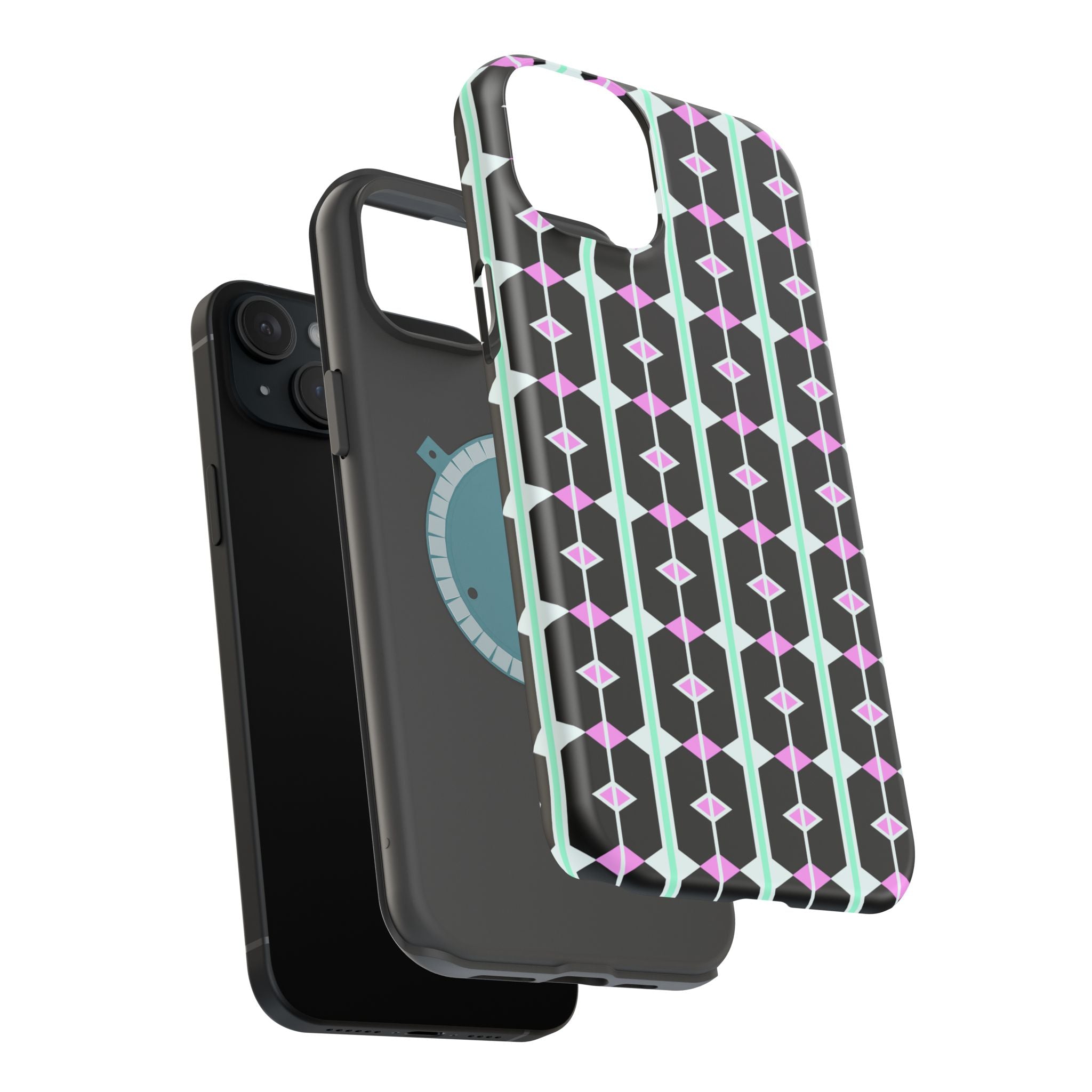 Geom Stripe Magnetic Phone Case — Black with Mint & Lavender Pattern