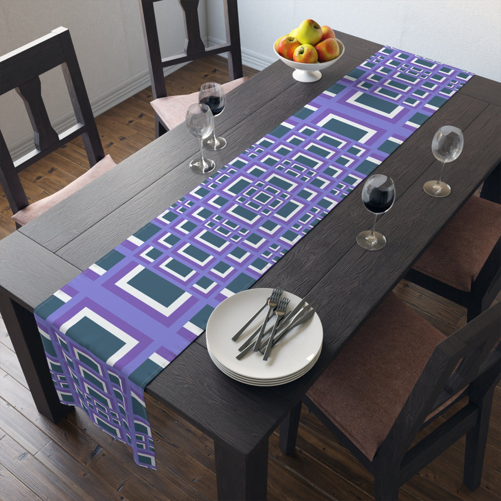 Geometric Purple Square Table Runner — Modern Retro Pattern Cotton-Poly Blend