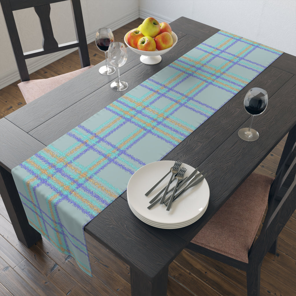 Pastel Plaid Table Runner — Blue, Lavender & Mint Cotton-Poly Decor