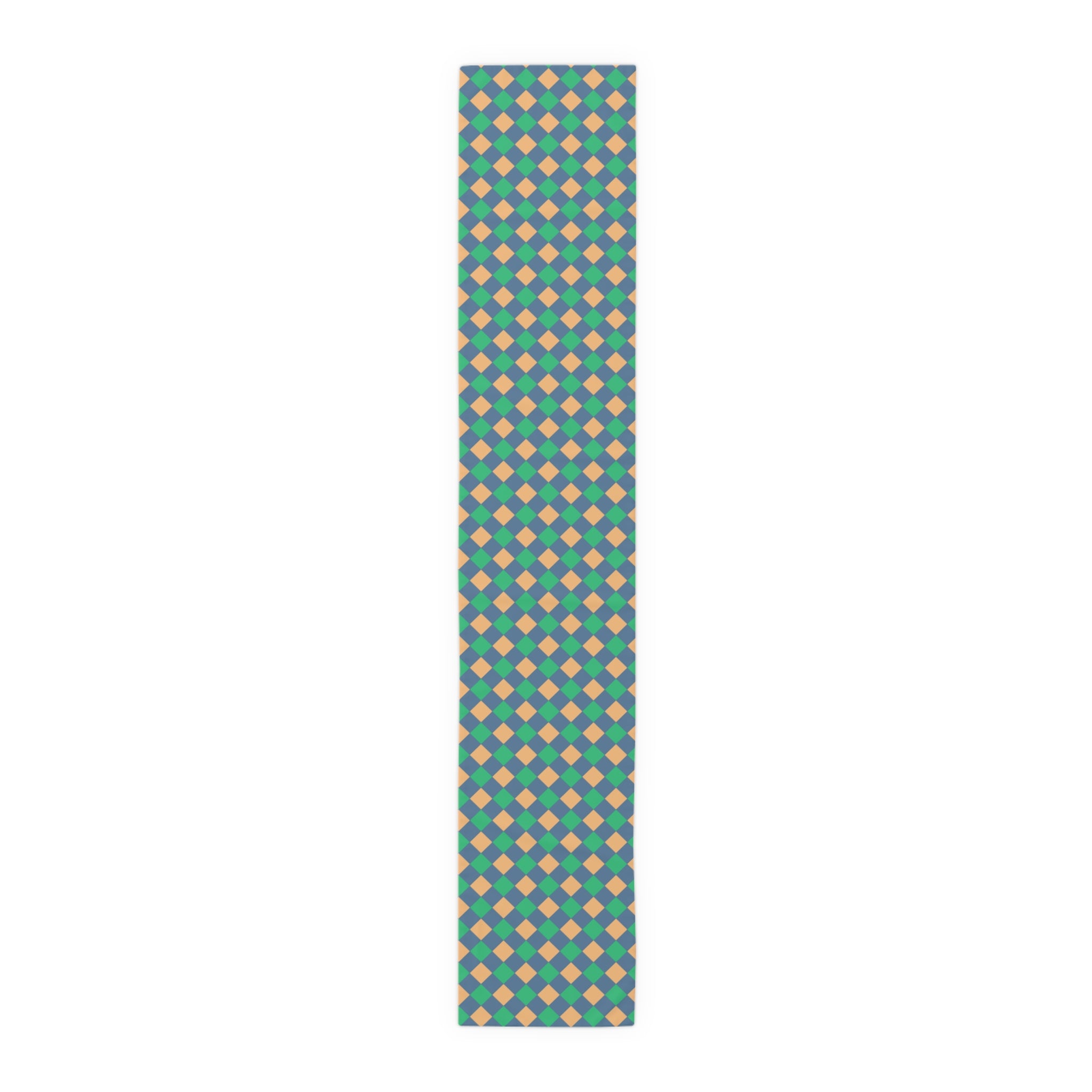 Diamond Check Table Runner — Retro Teal & Mustard Geometric Dining Decor
