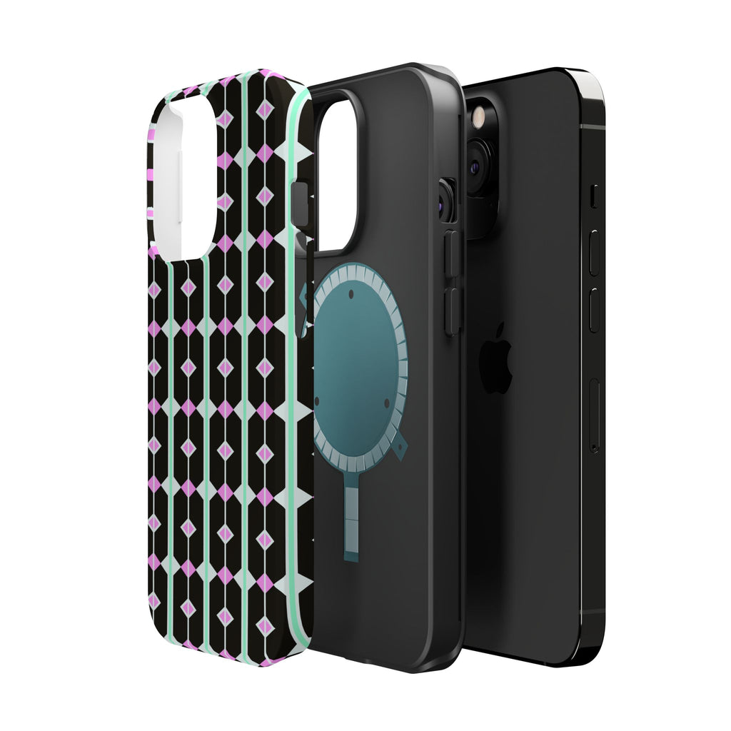 Geom Stripe Magnetic Phone Case — Black with Mint & Lavender Pattern